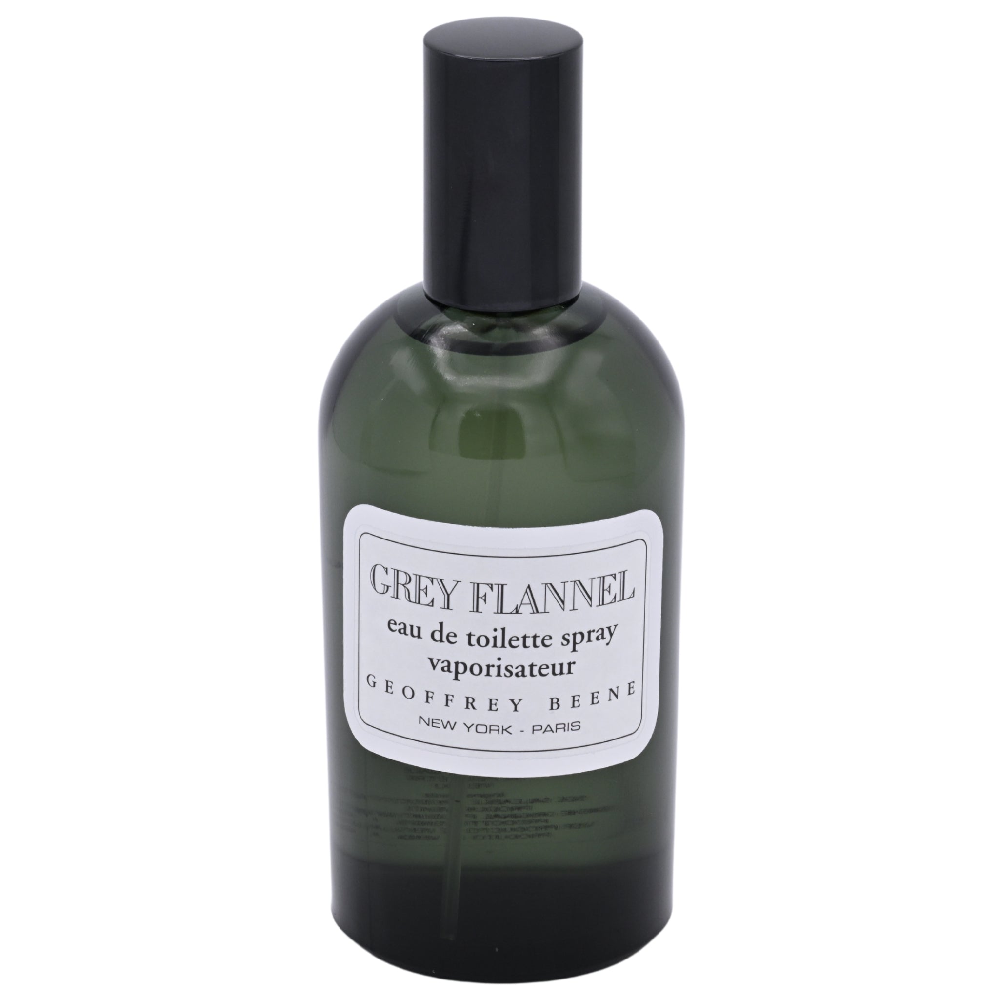 Green bottle of Grey Flannel eau de toilette spray by Geoffrey Beene on a white background