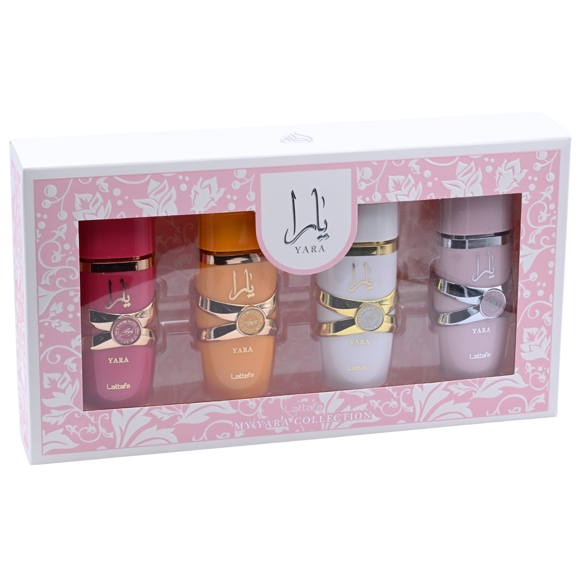 Four colorful perfume bottles with gold accents and 'Yara' branding on a white background