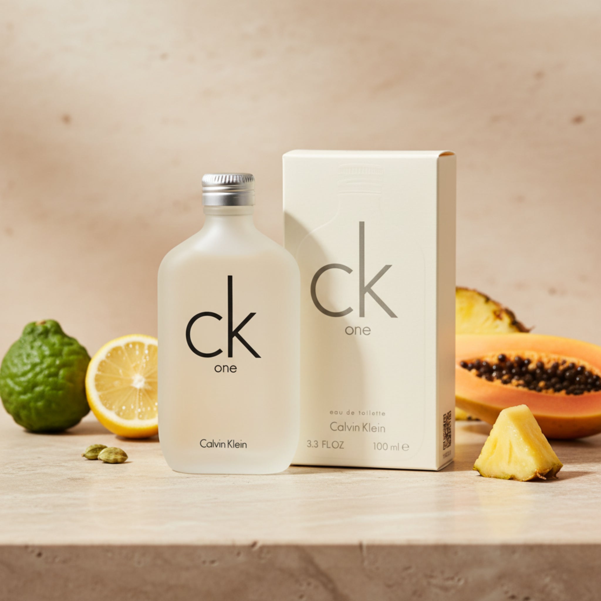 Calvin Klein CK One perfume bottle and packaging on a white background