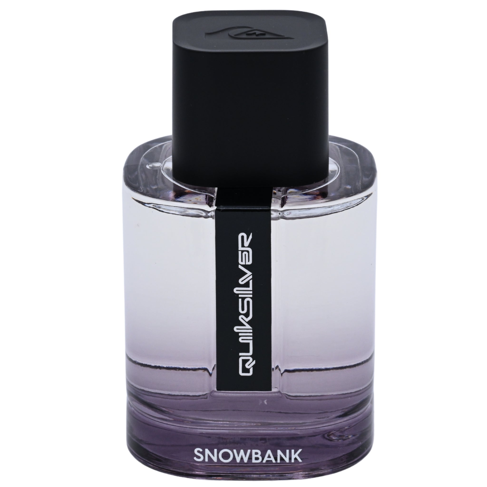 Clear perfume bottle with black cap and 'Quiksilver Snowbank' label on a white background