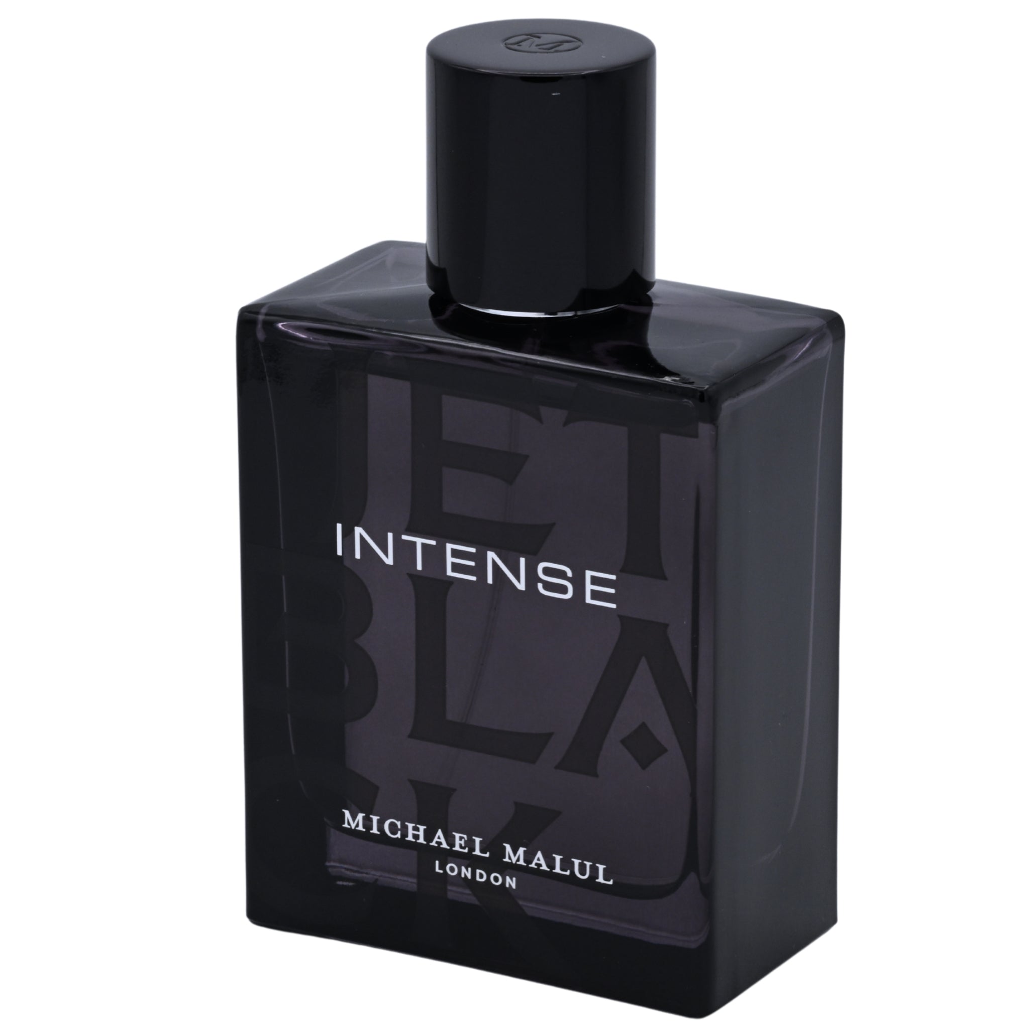 Black perfume bottle labeled 'Intense' by Michael Malul on a white background
