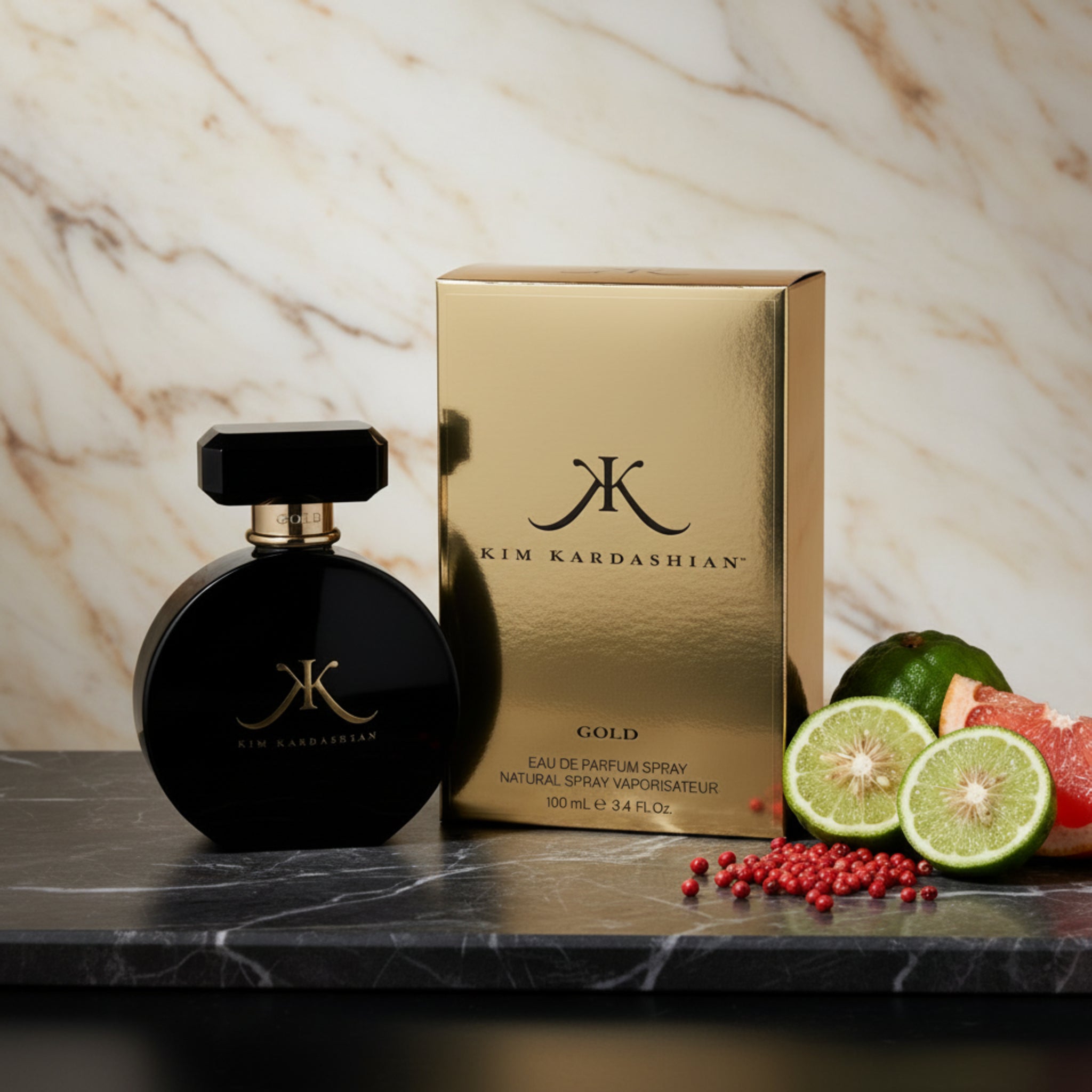 Kim Kardashian Gold perfume bottle and packaging on a white background
