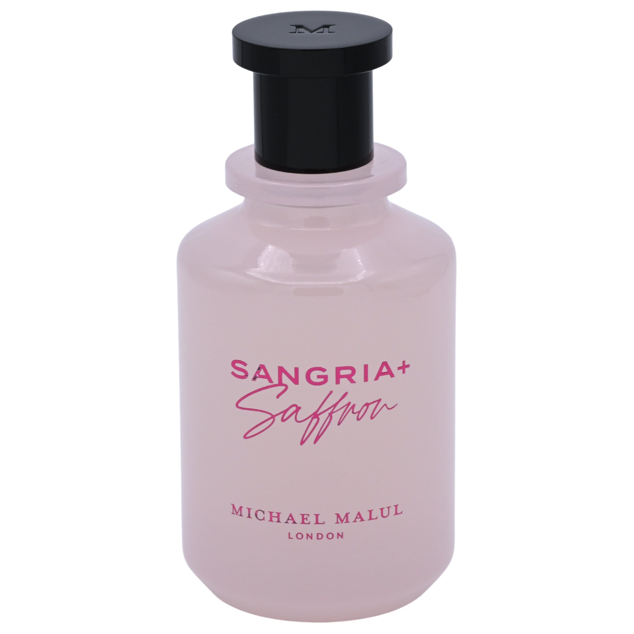 Perfume bottle labeled 'Sangria + Saffron' by Michael Malul on a white background