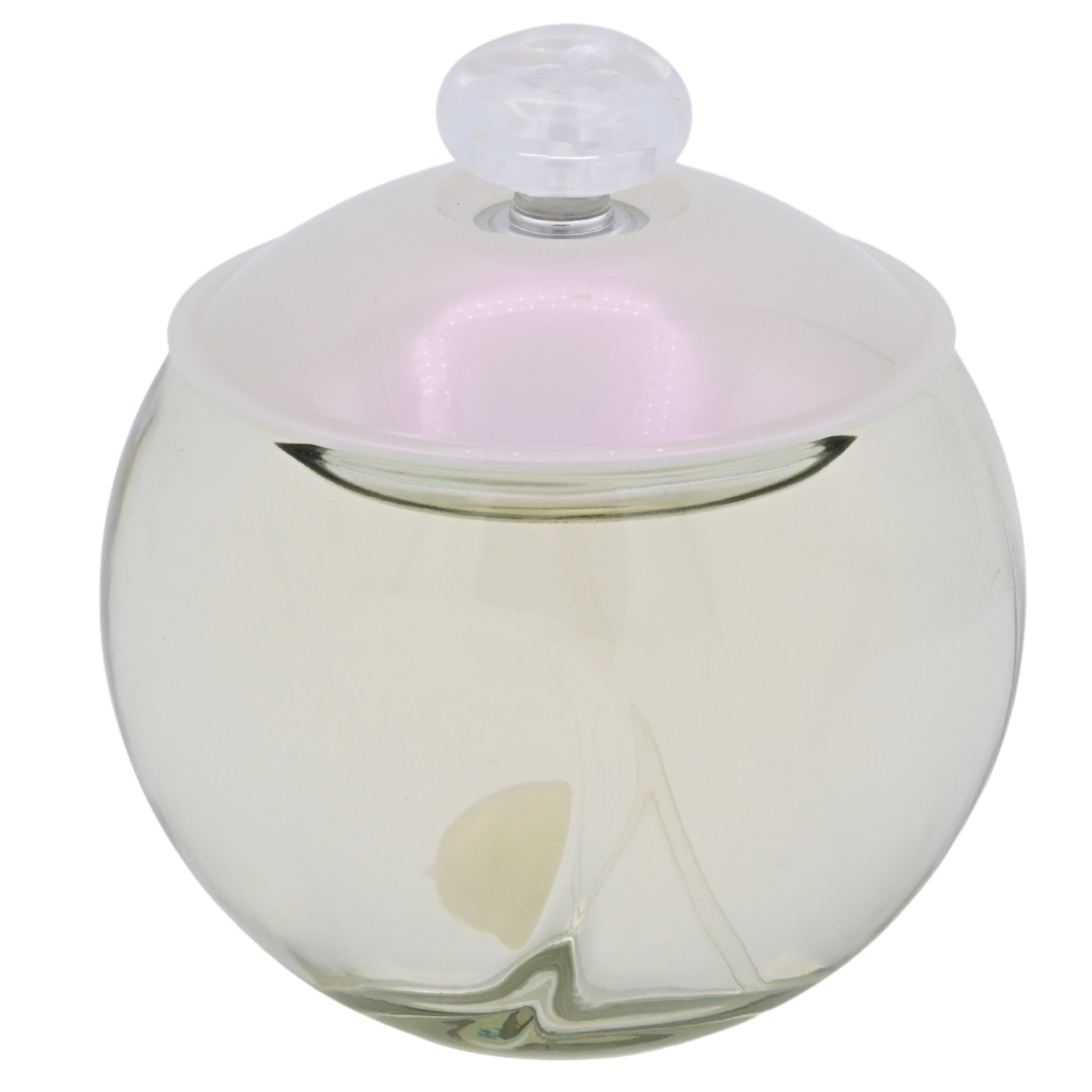 Clear glass perfume bottle with a white lid on a white background