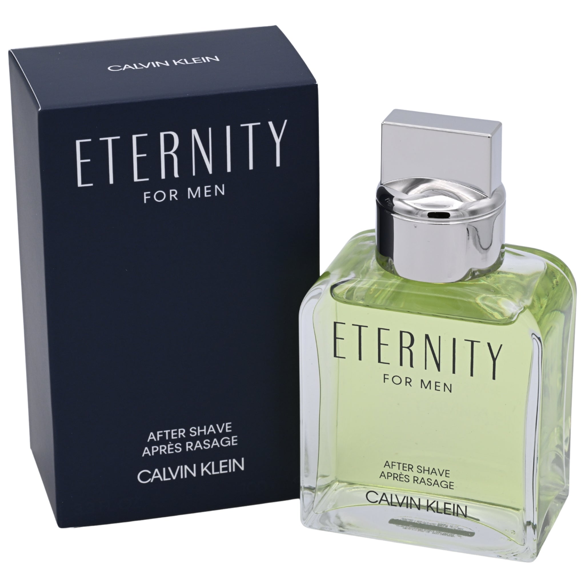 Calvin Klein Eternity for men after shave bottle and packaging on a white background