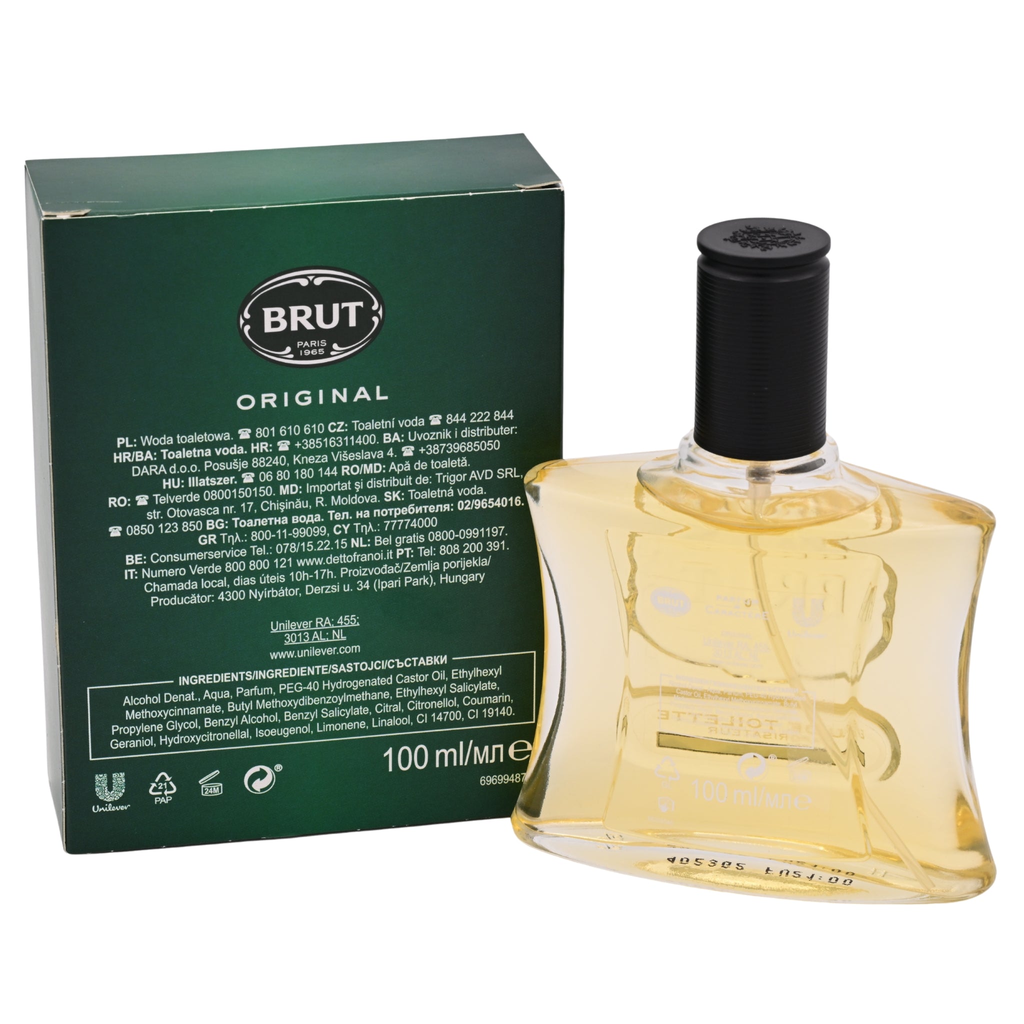 Brut perfume bottle and packaging on a white background