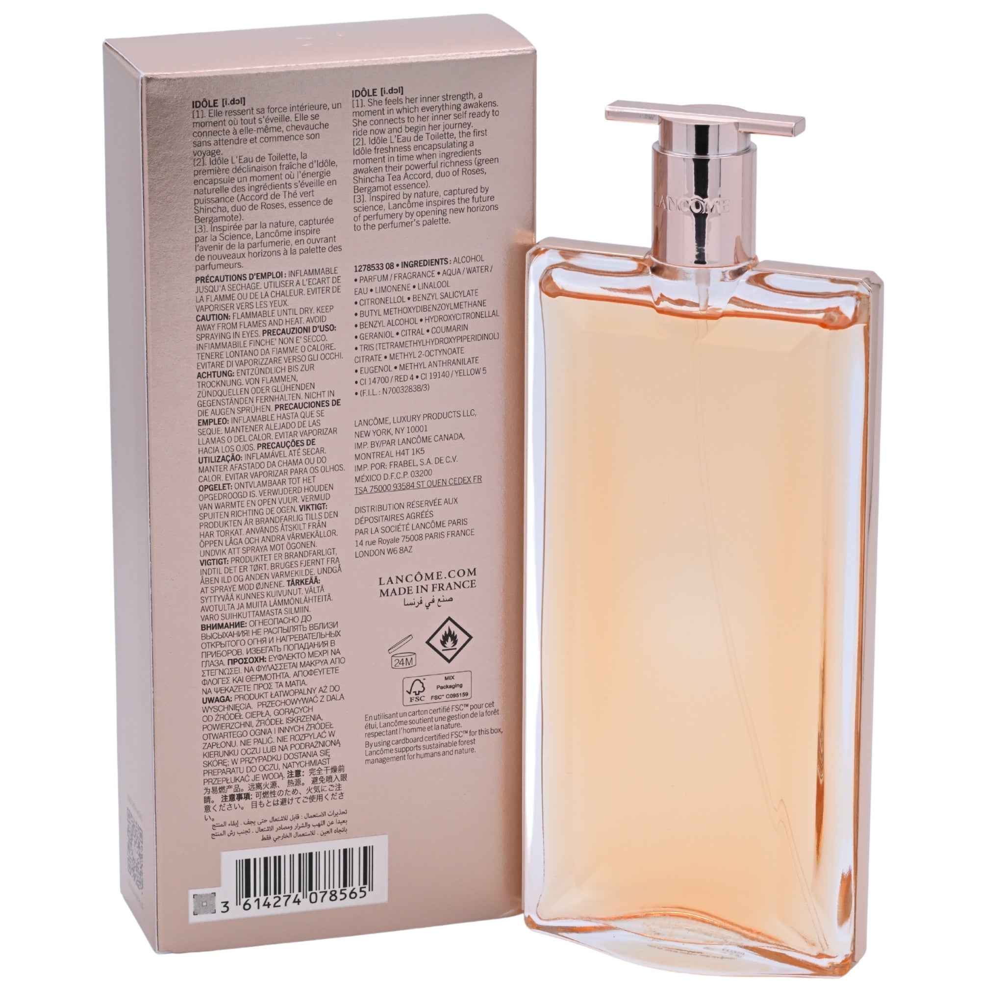 Lancème perfume bottle with packaging on a white background