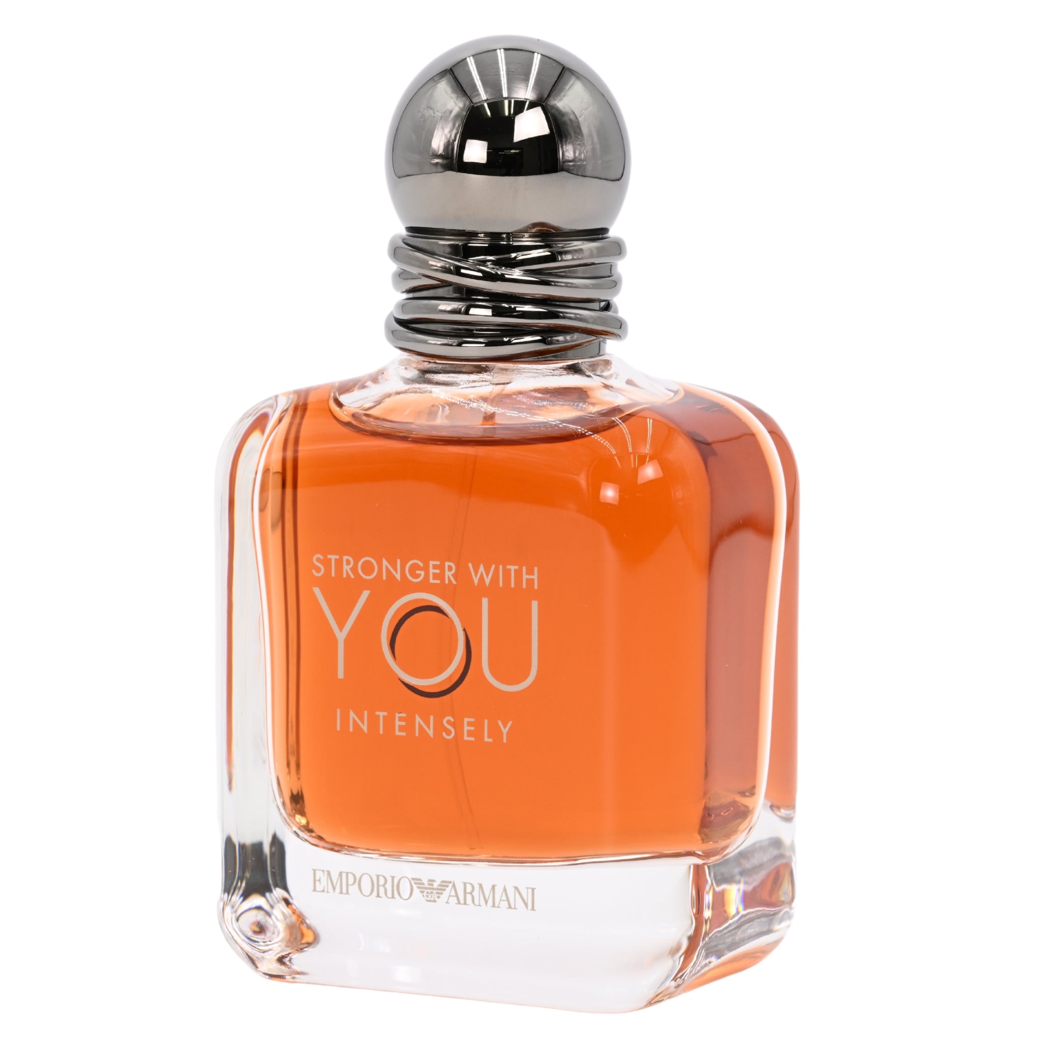 Perfume bottle labeled 'Stronger with You Intensely' by Emporio Armani on a white background