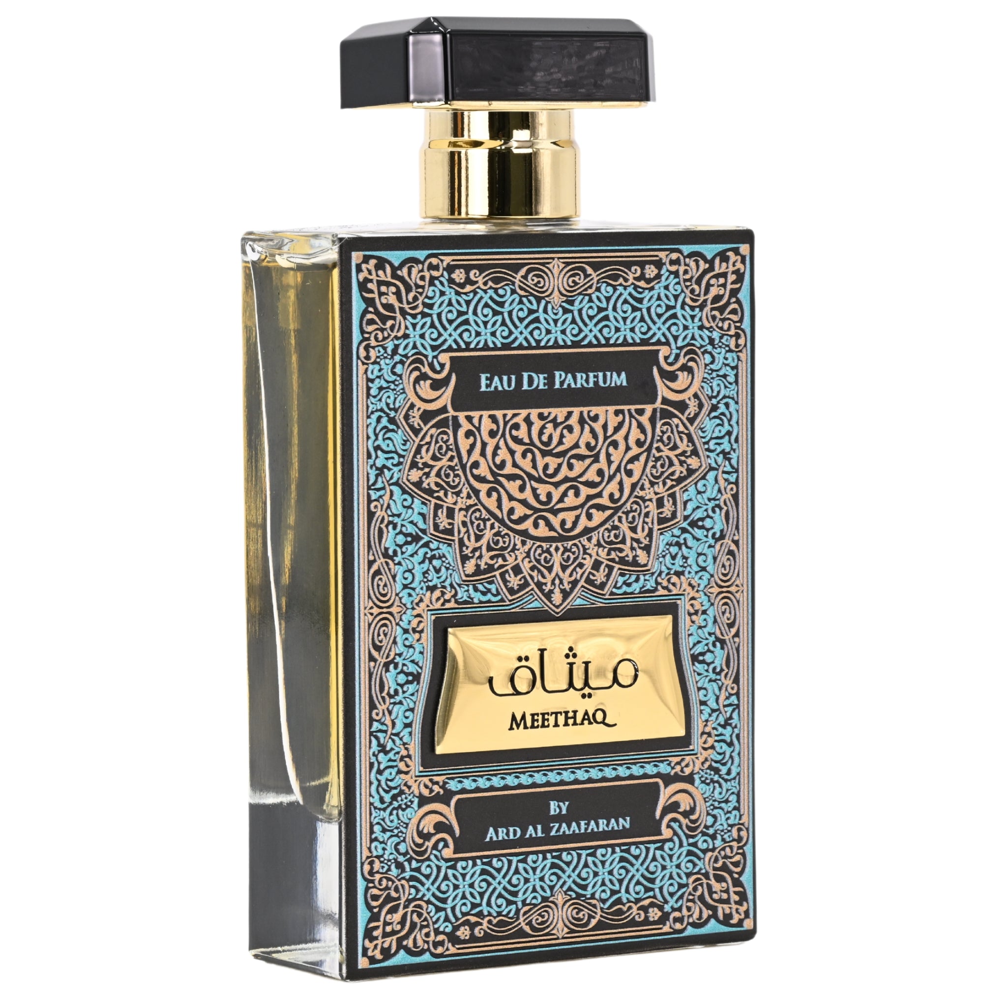 Perfume bottle with ornate packaging on a white background