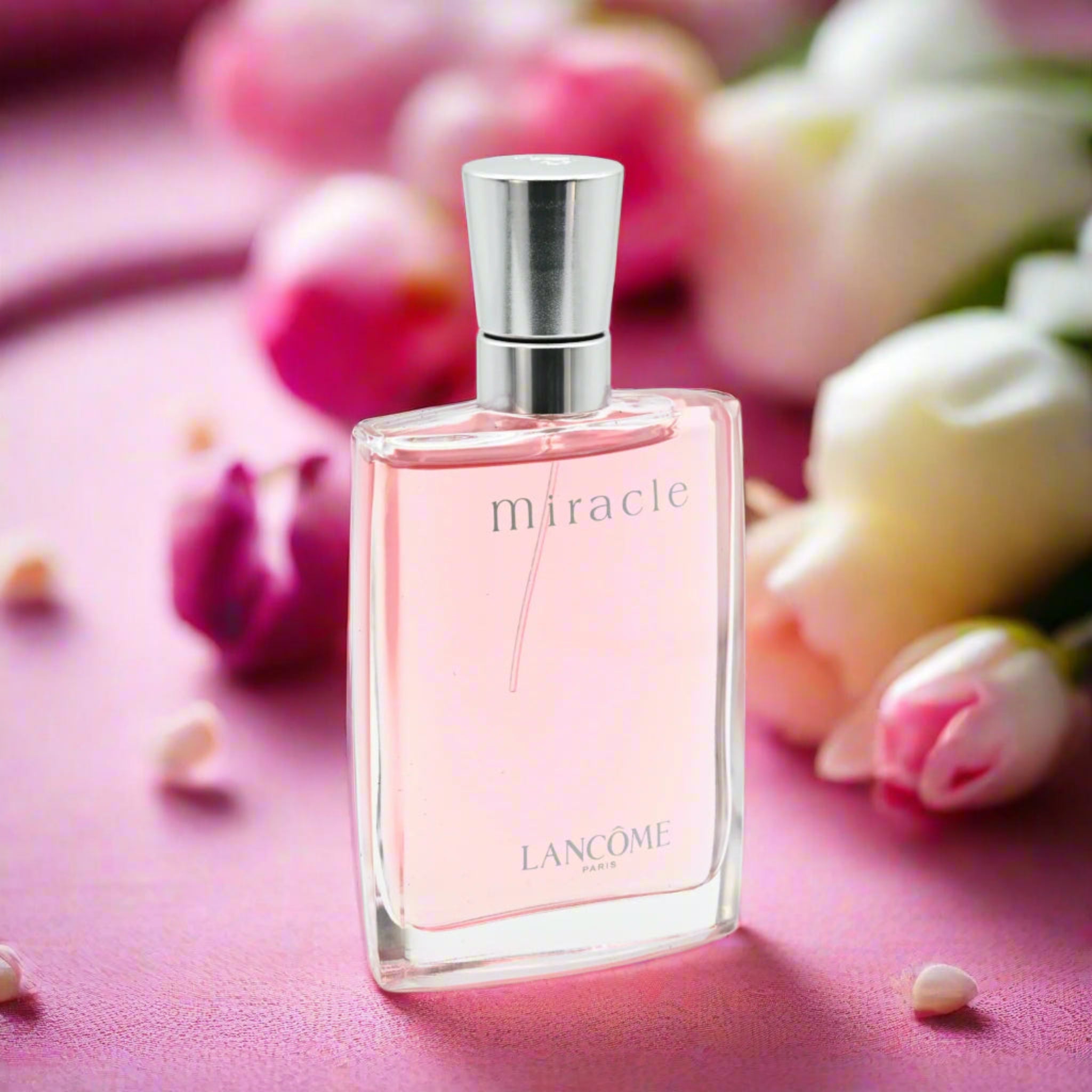 Lancome Miracle perfume bottle with flowers in the background