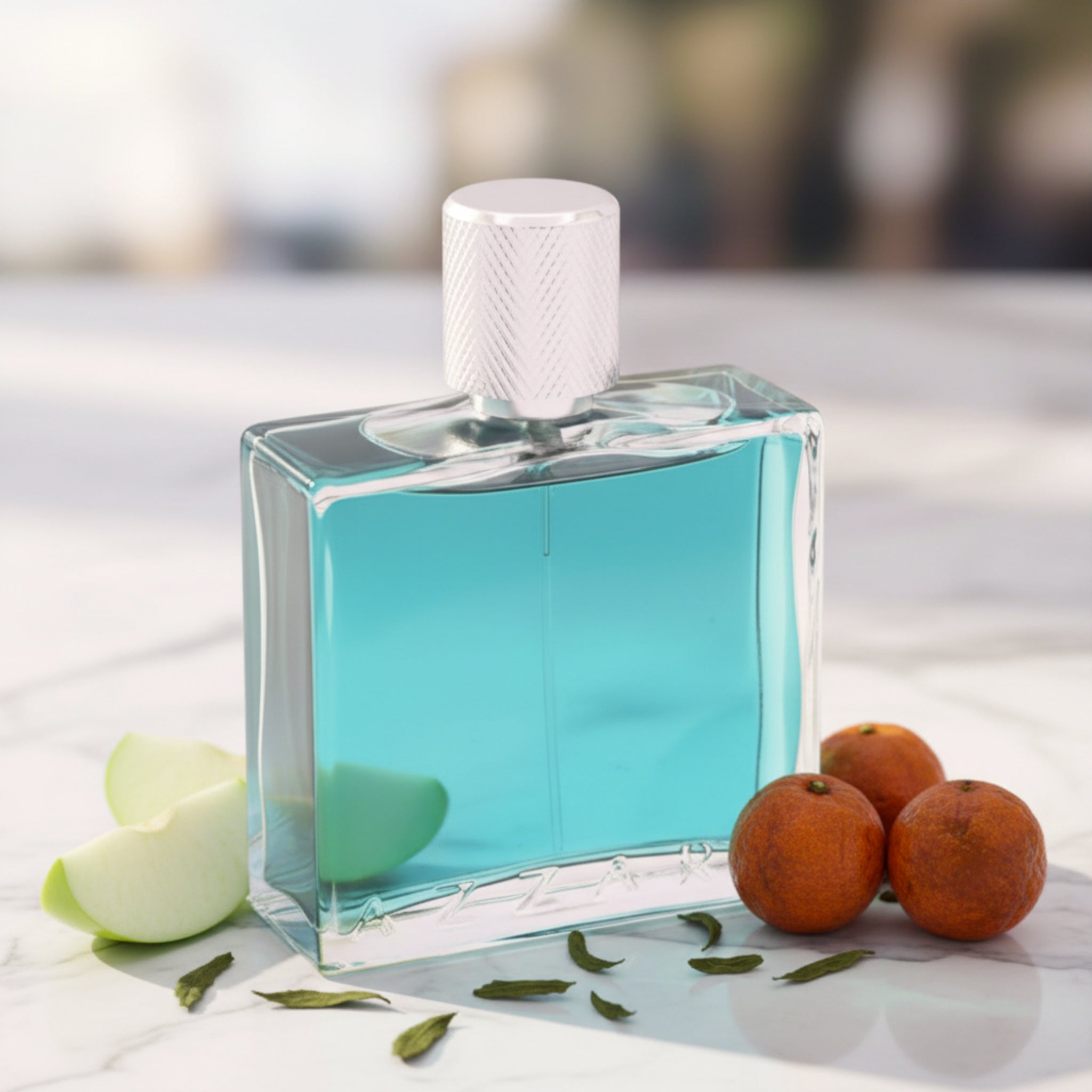 Clear glass bottle with blue liquid and white cap on a blurred beach background