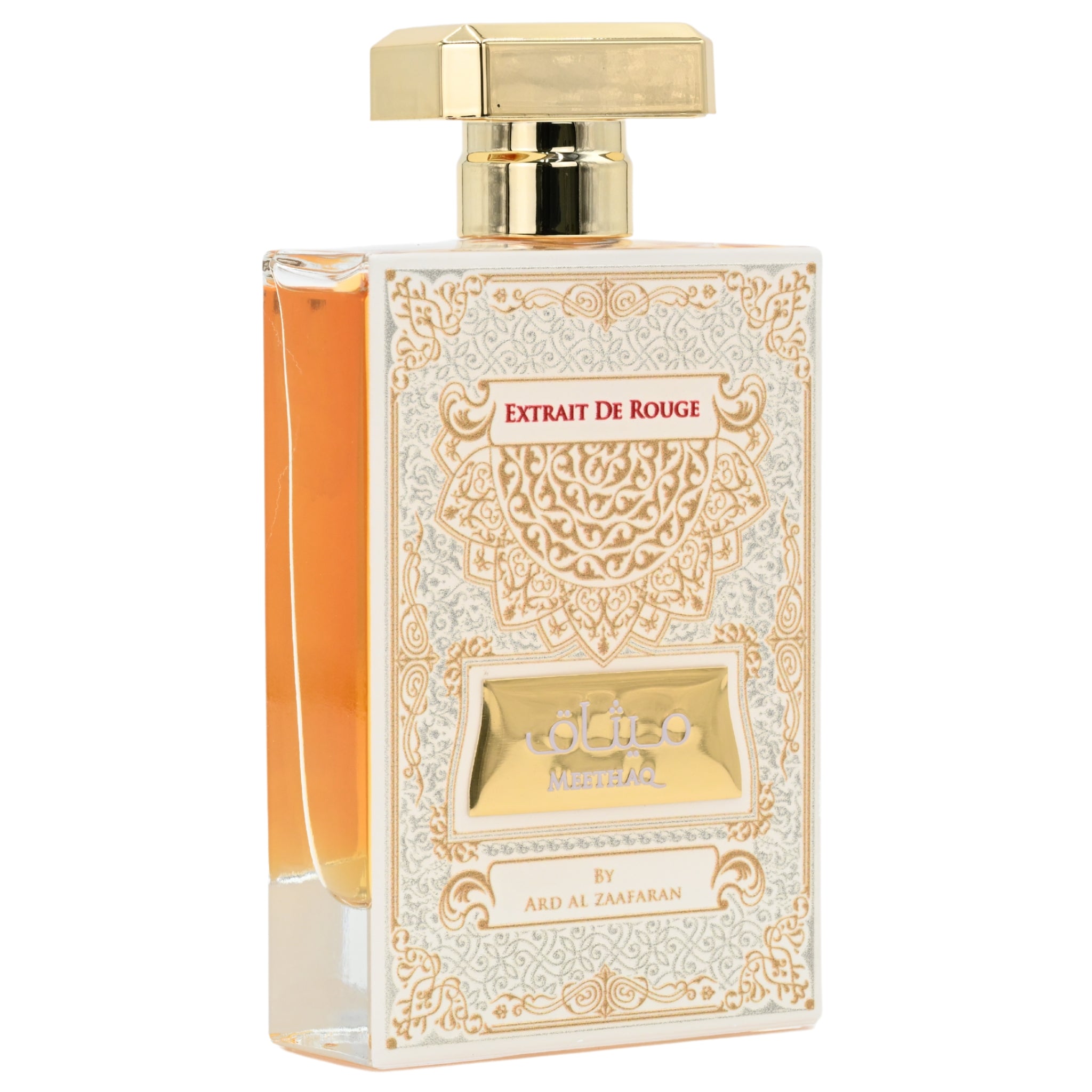 Perfume bottle with decorative label on a white background