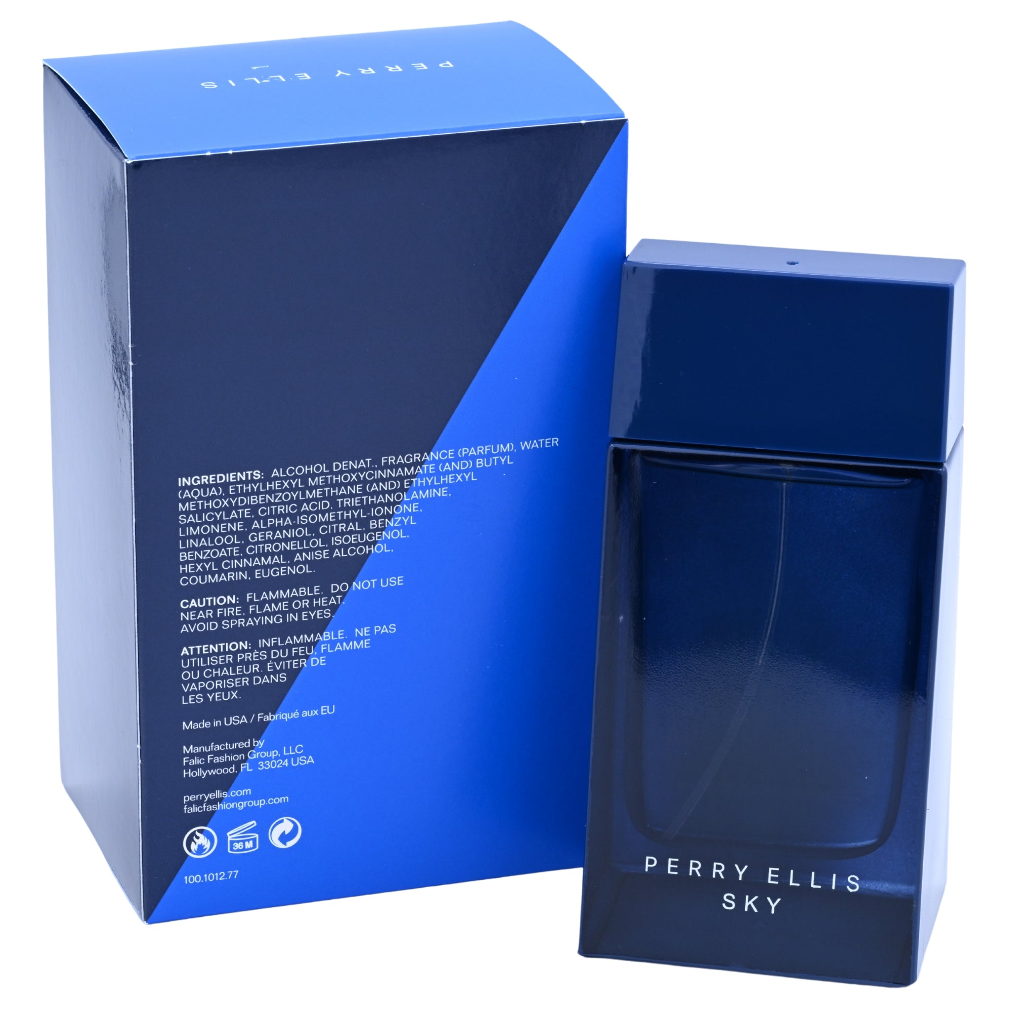 Blue Perry Ellis Sky perfume bottle and packaging on a white background