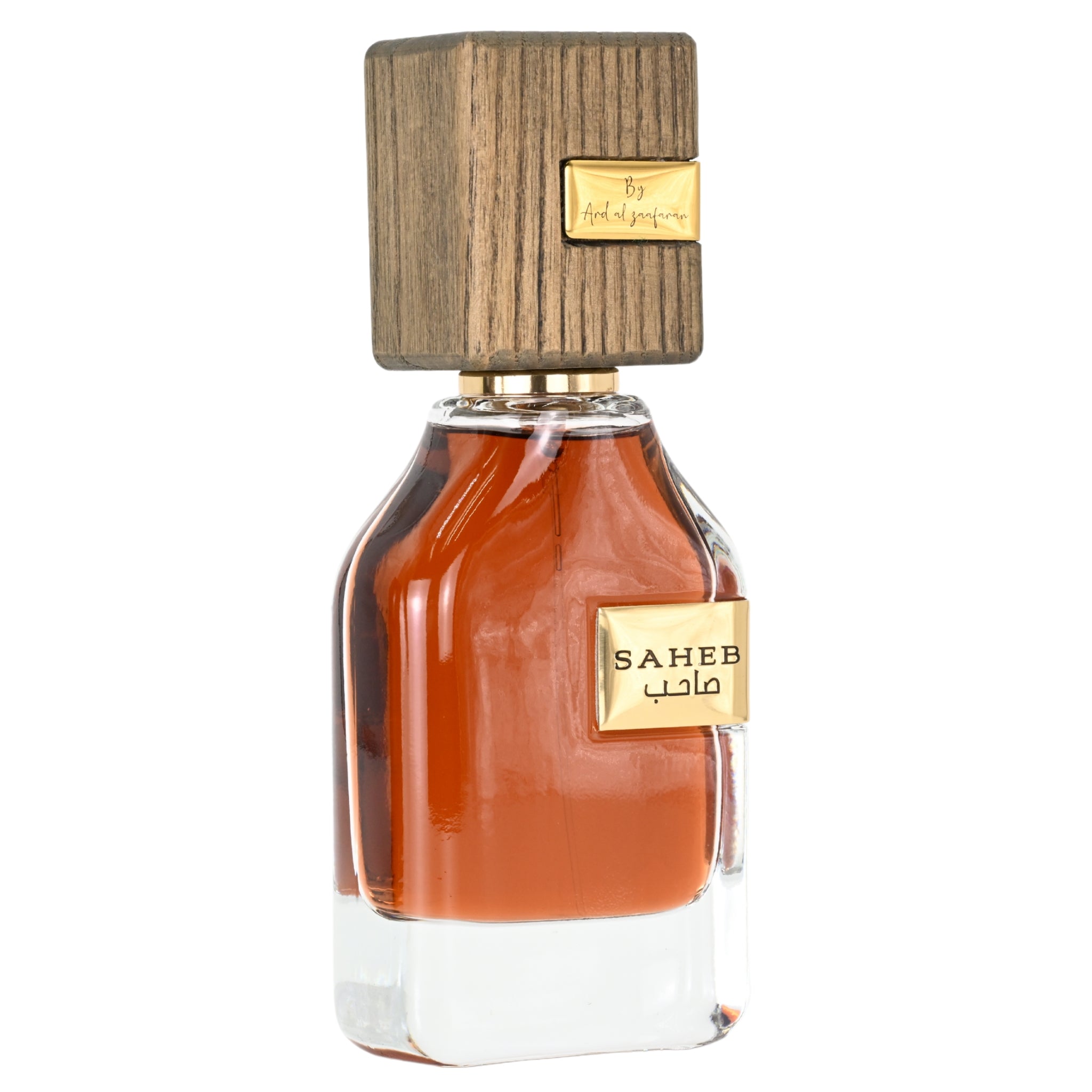 Perfume bottle with wooden cap and gold label on a white background