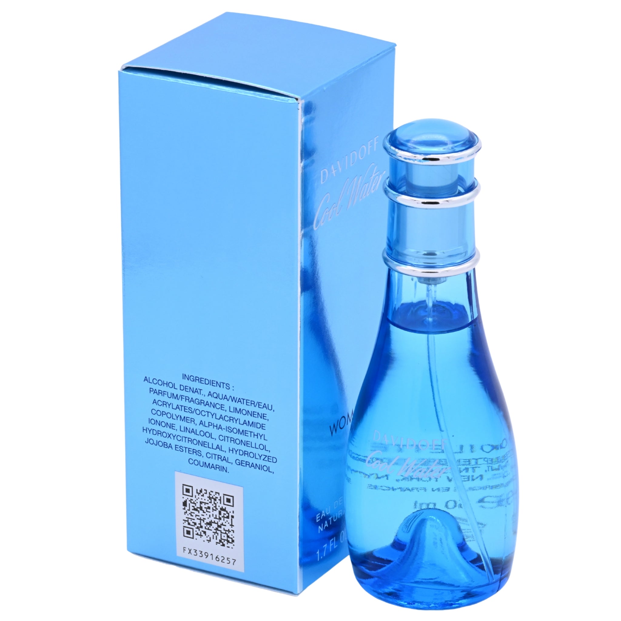 Blue perfume bottle with matching packaging on a white background