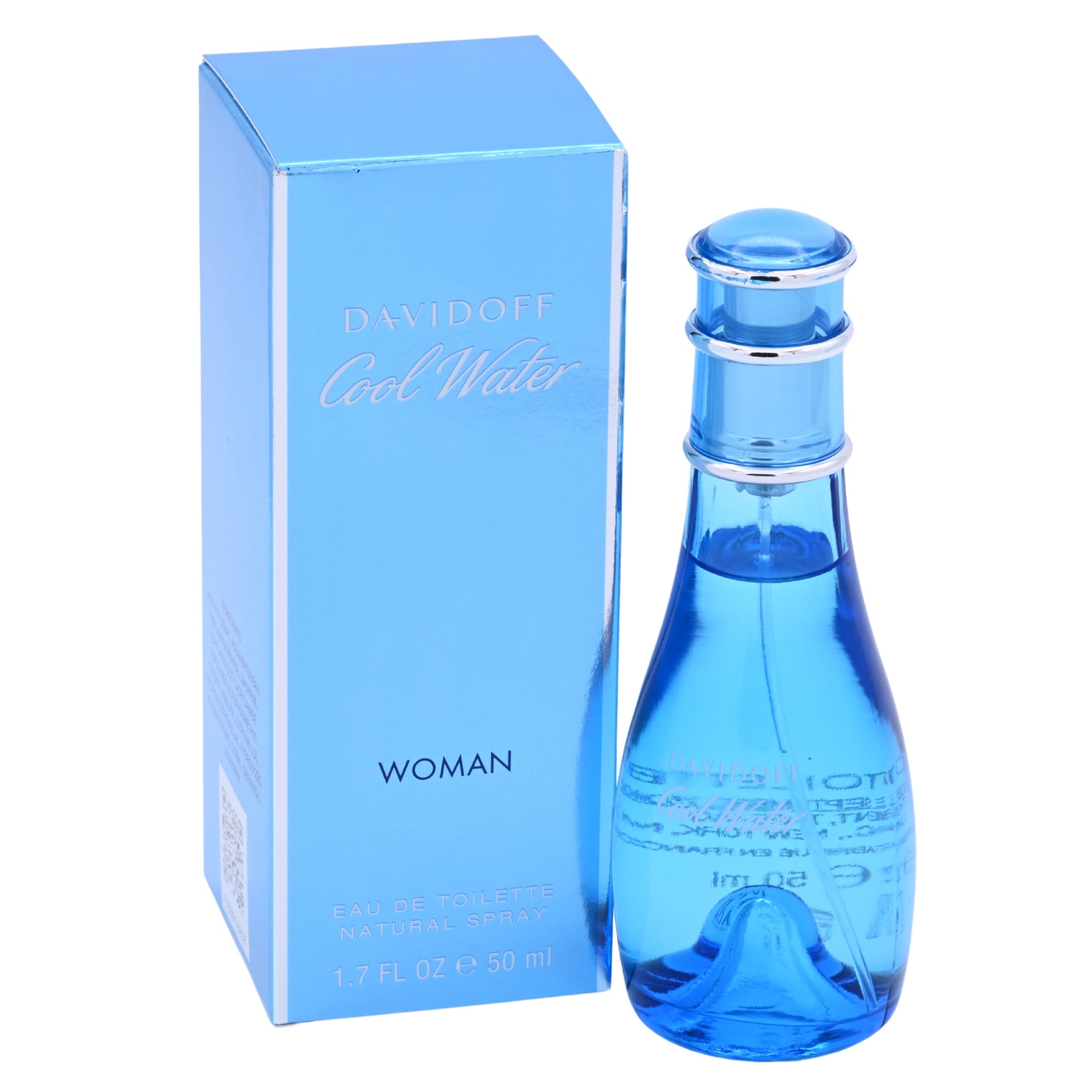 Blue Davidoff Cool Water perfume bottle and packaging on a white background