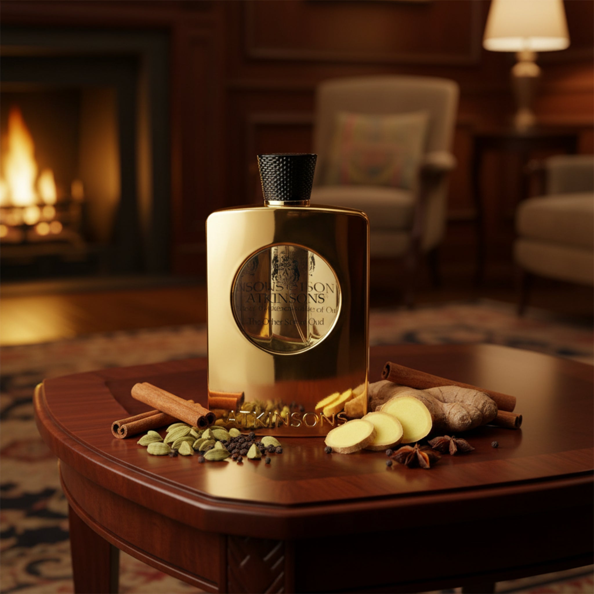 Gold Atkinsons perfume bottle on a white background