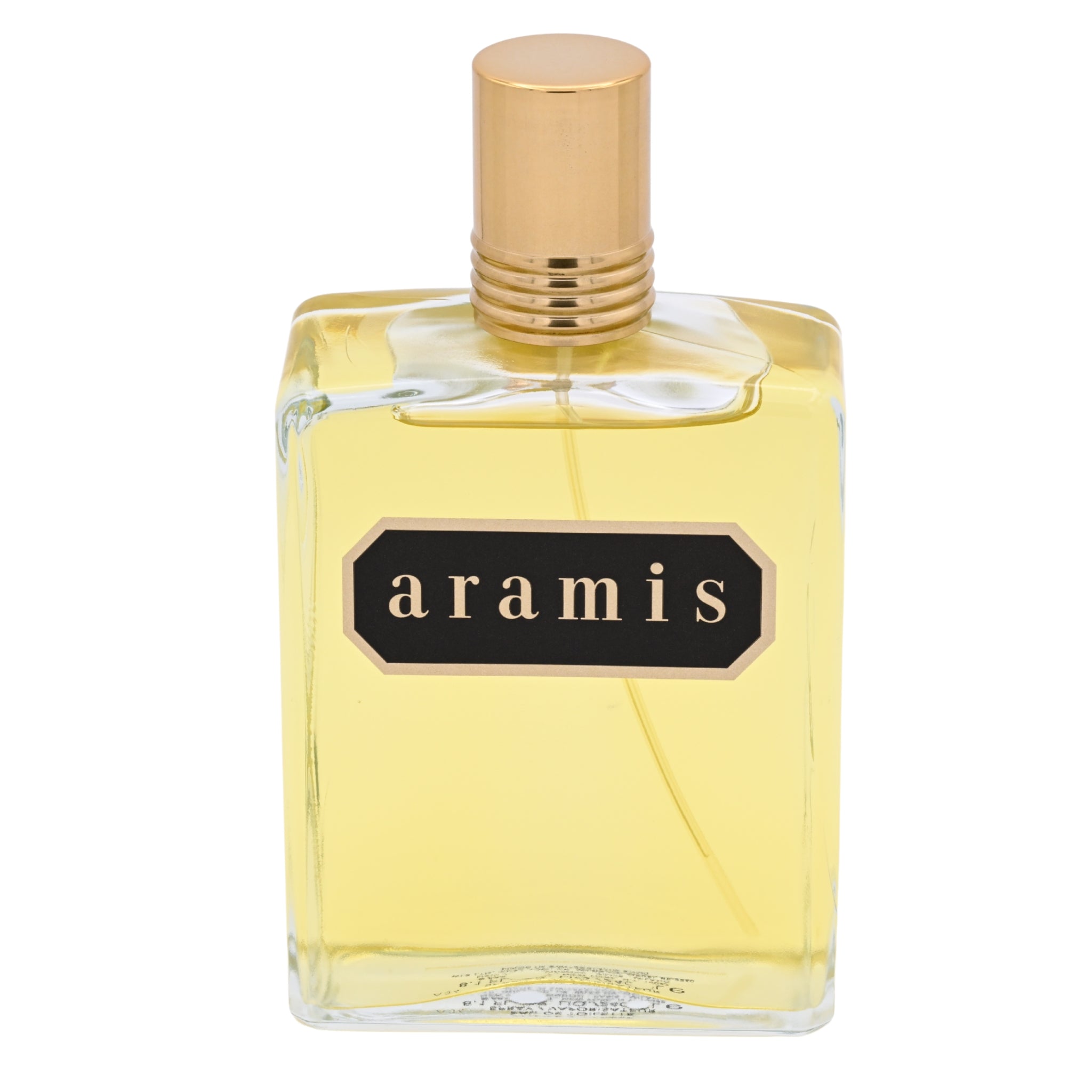 Aramis perfume bottle with gold cap on a white background