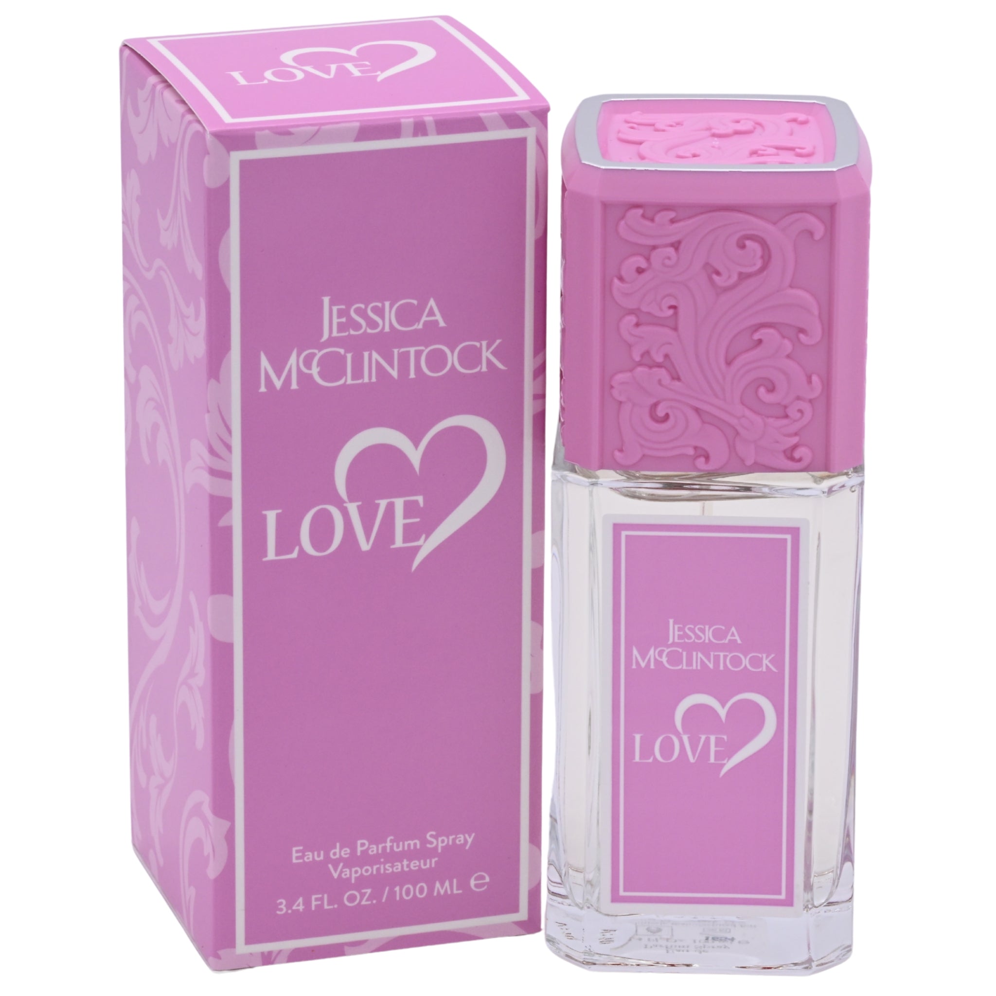 Pink Jessica McClintock Love perfume bottle and packaging on a white background