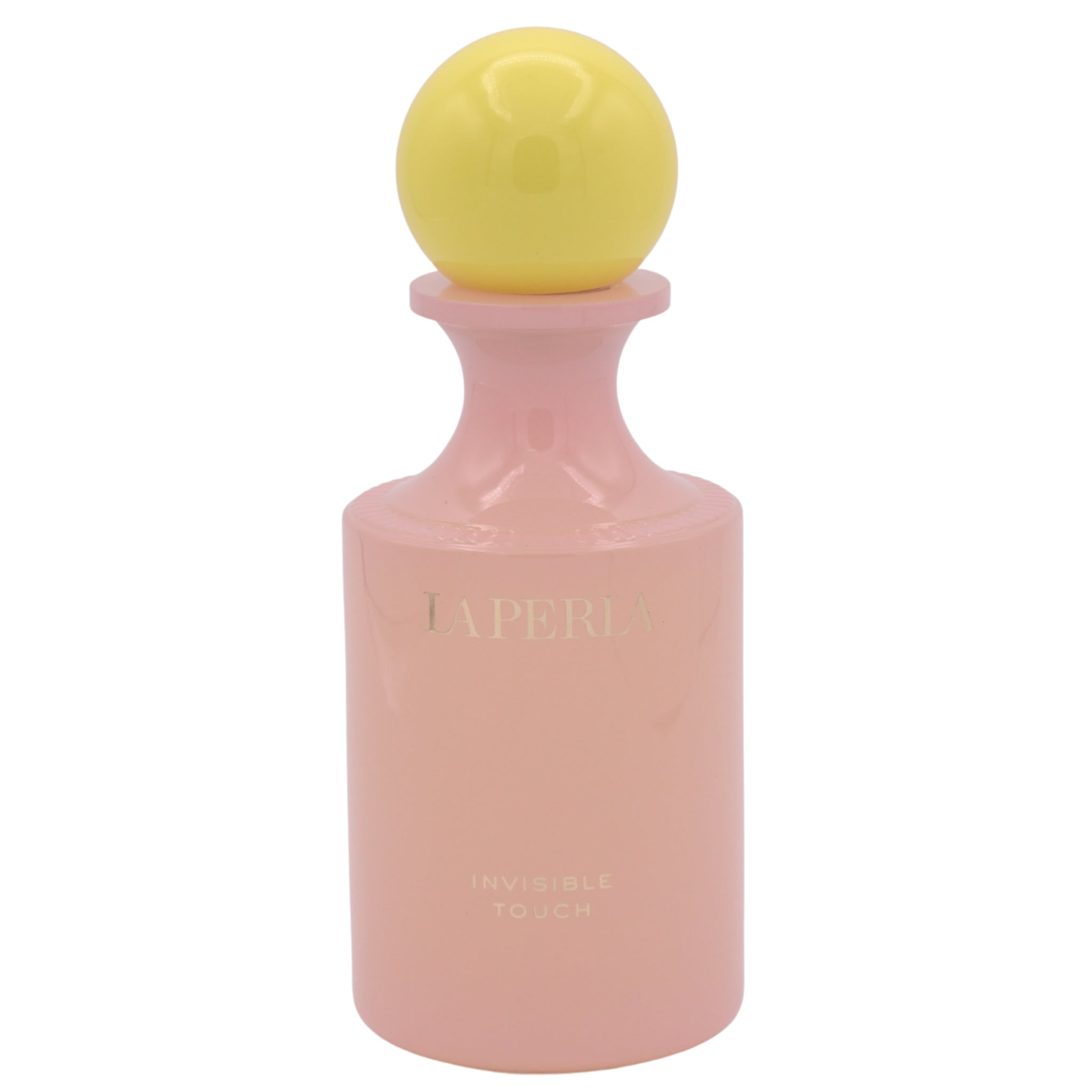 Pink perfume bottle with yellow cap on a white background