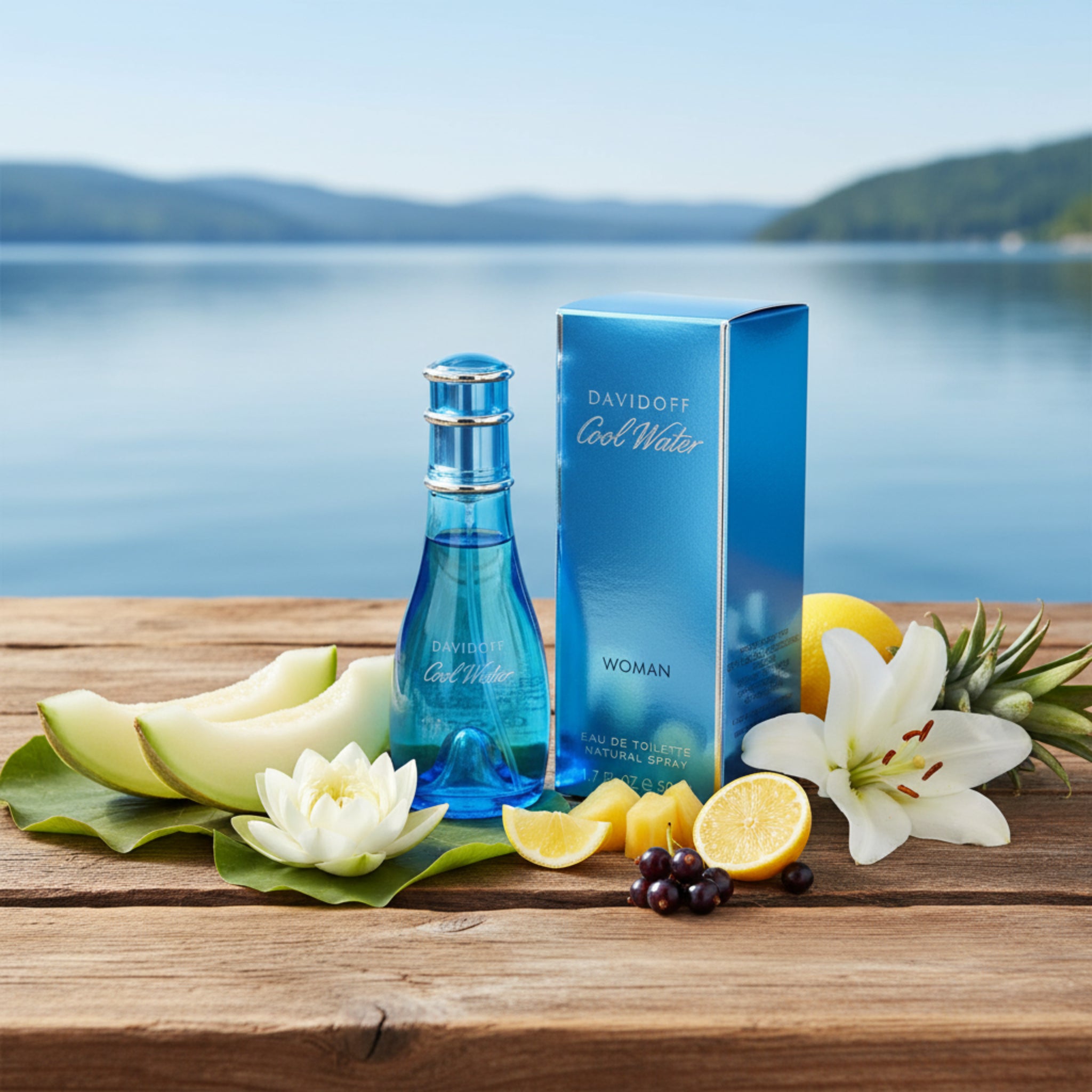 Blue perfume bottle and packaging with 'Davidoff Cool Water' branding on a white background