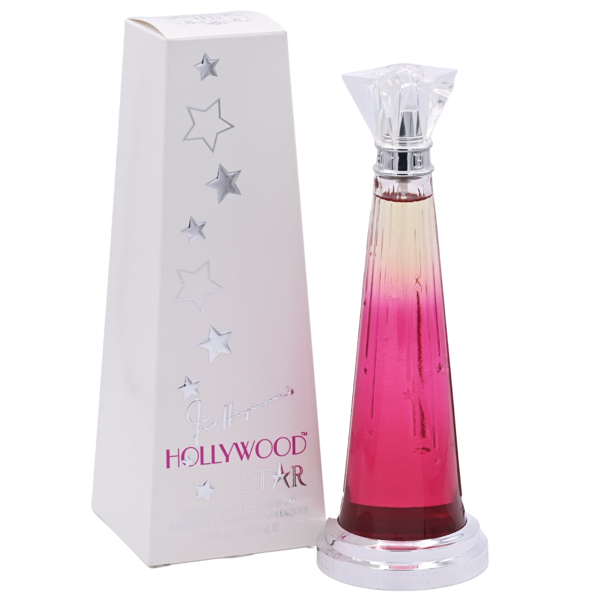 Perfume bottle with pink gradient and star design packaging on a white background