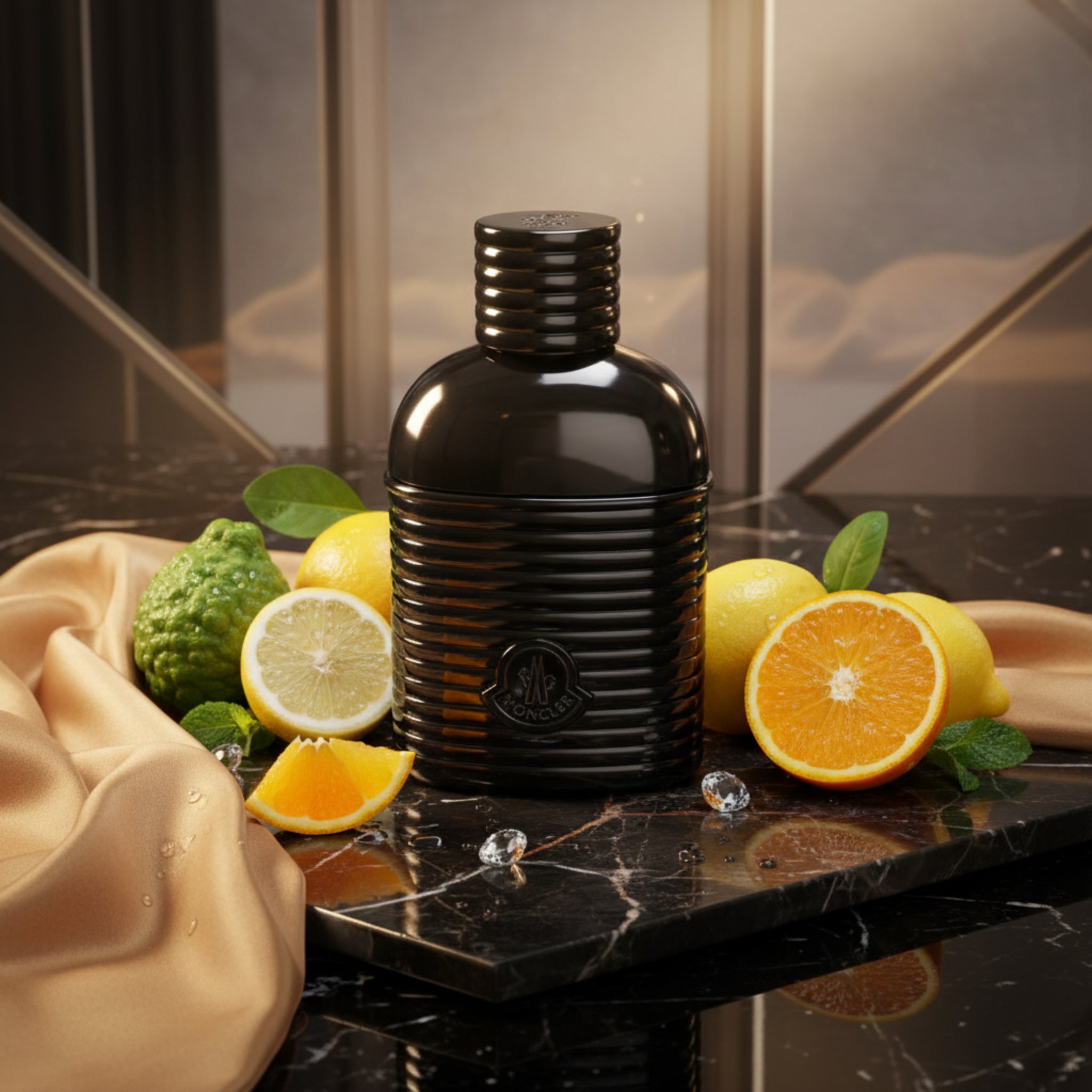 Black bottle with ribbed texture on a marble surface surrounded by citrus fruits