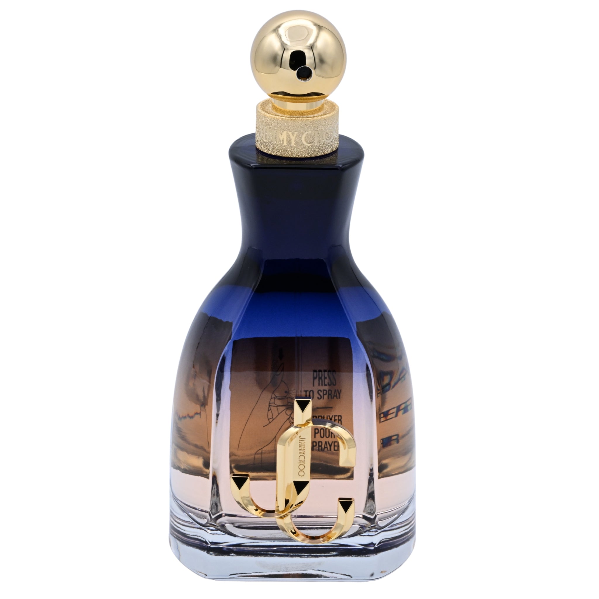 Perfume bottle with blue and gold design on a white background