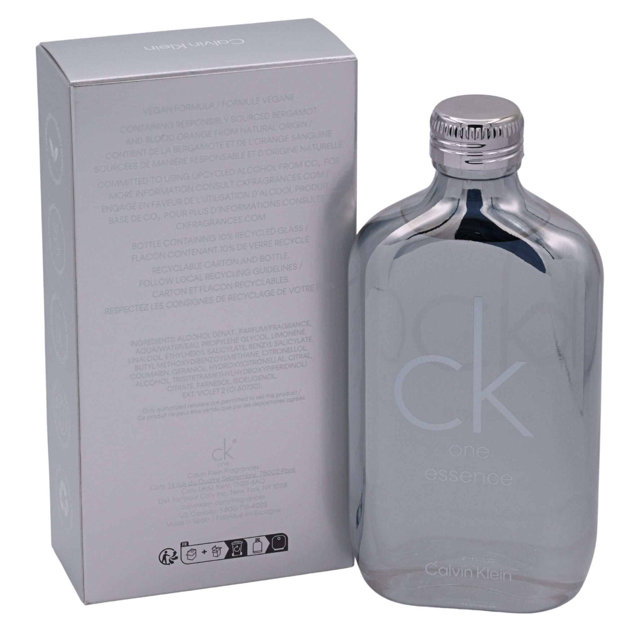 Calvin Klein CK One Essense perfume bottle and packaging on a white background