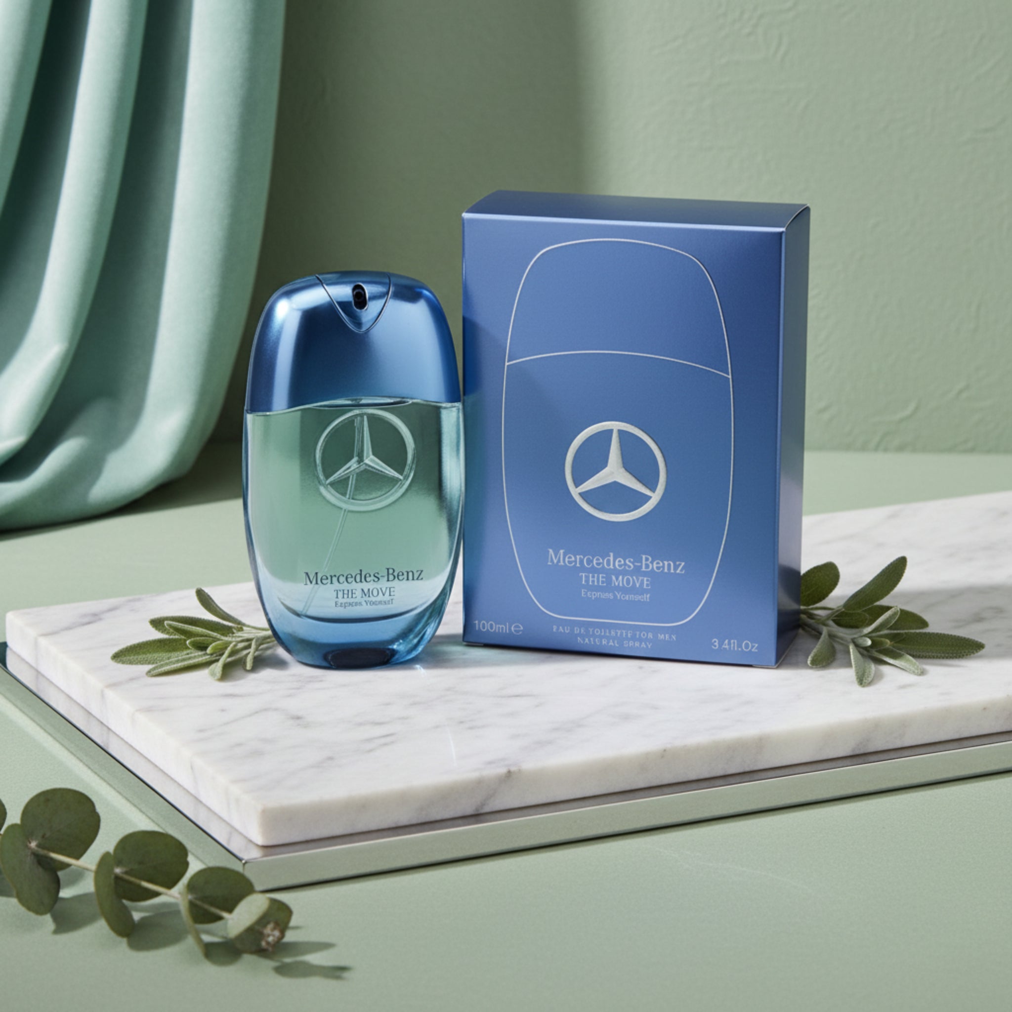 Mercedes-Benz The Move perfume bottle and packaging on a white background