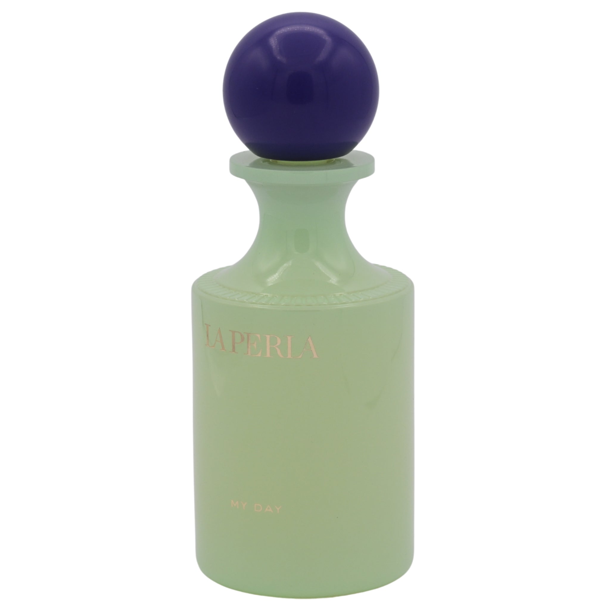 Green perfume bottle with purple cap on a white background