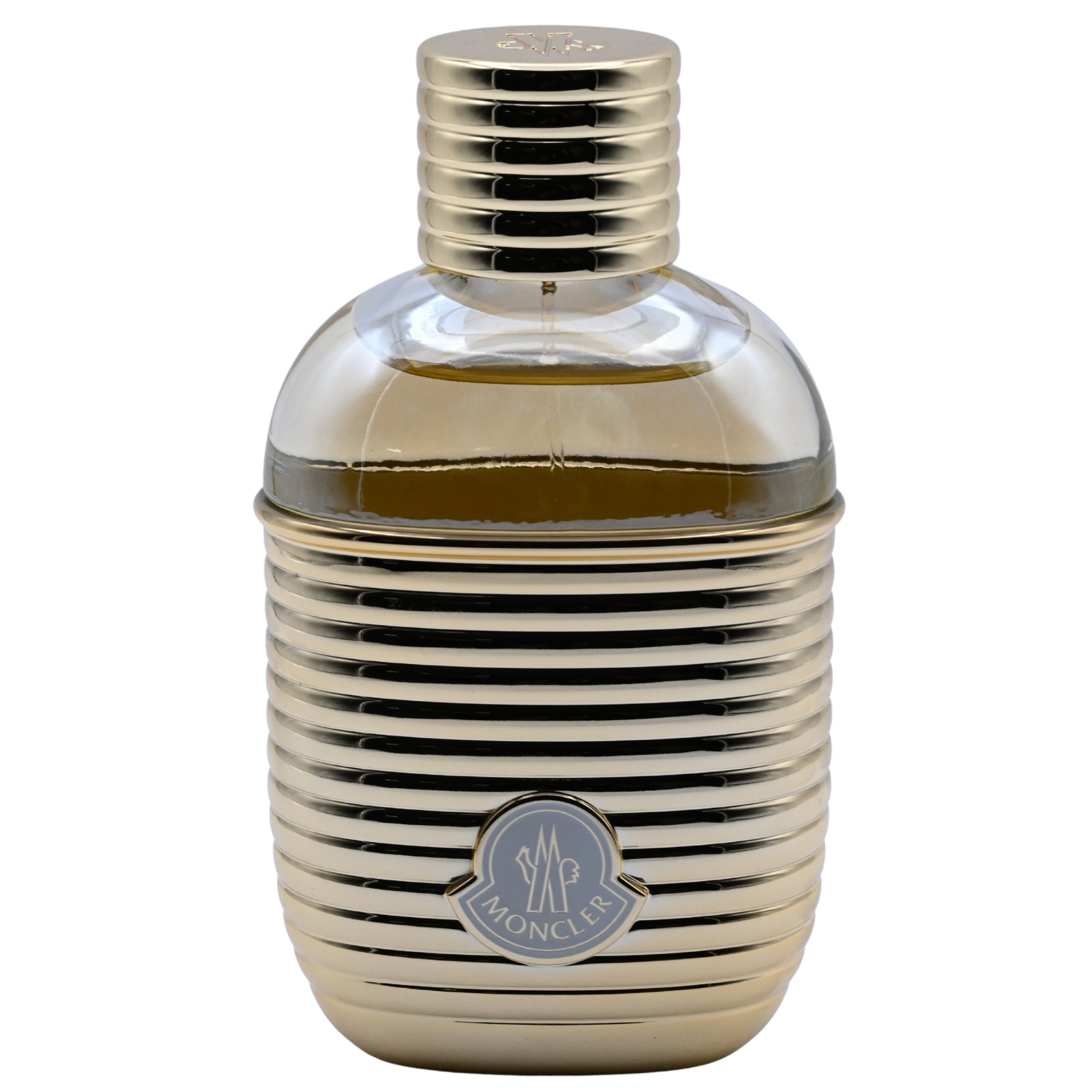 Gold perfume bottle with a visible brand logo on a white background