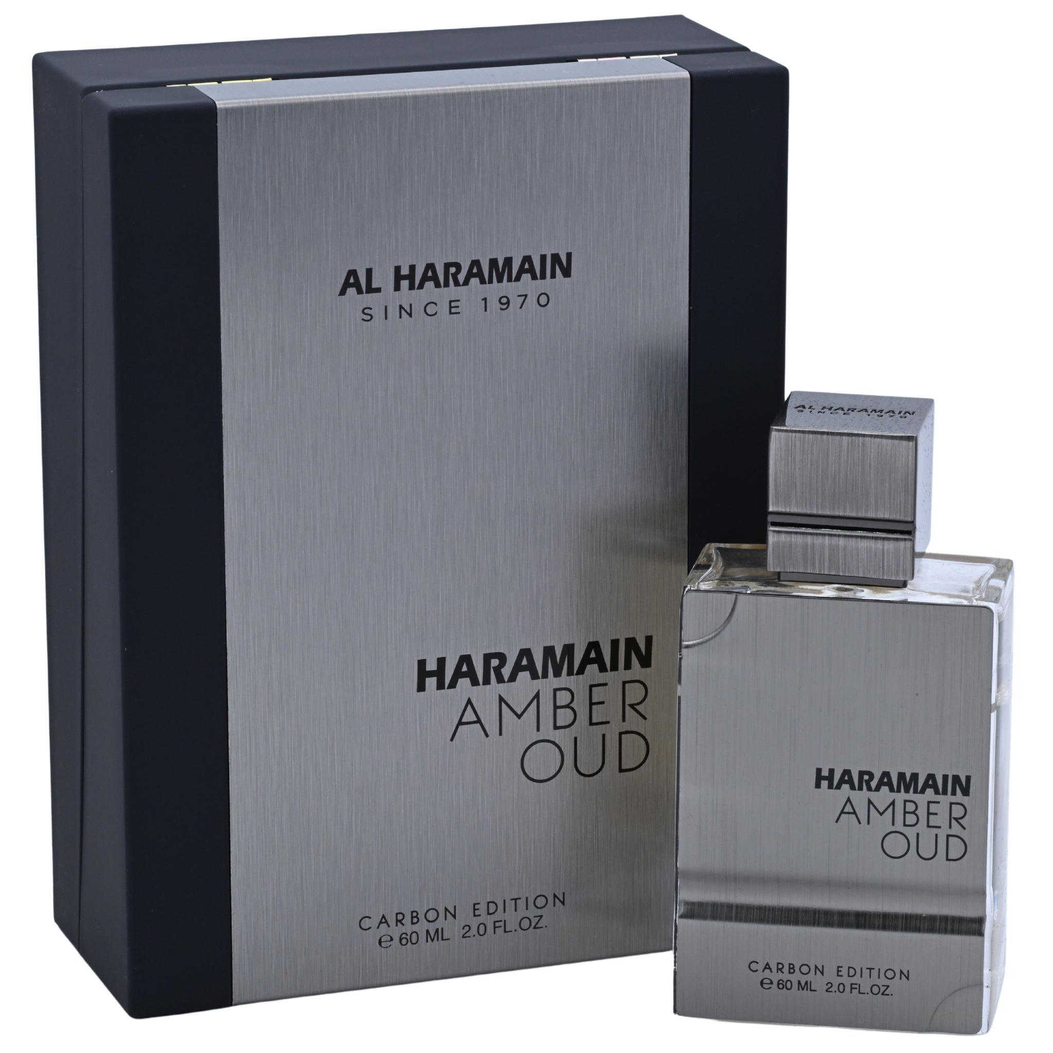 Haramain Amber Oud perfume bottle and packaging on a white background