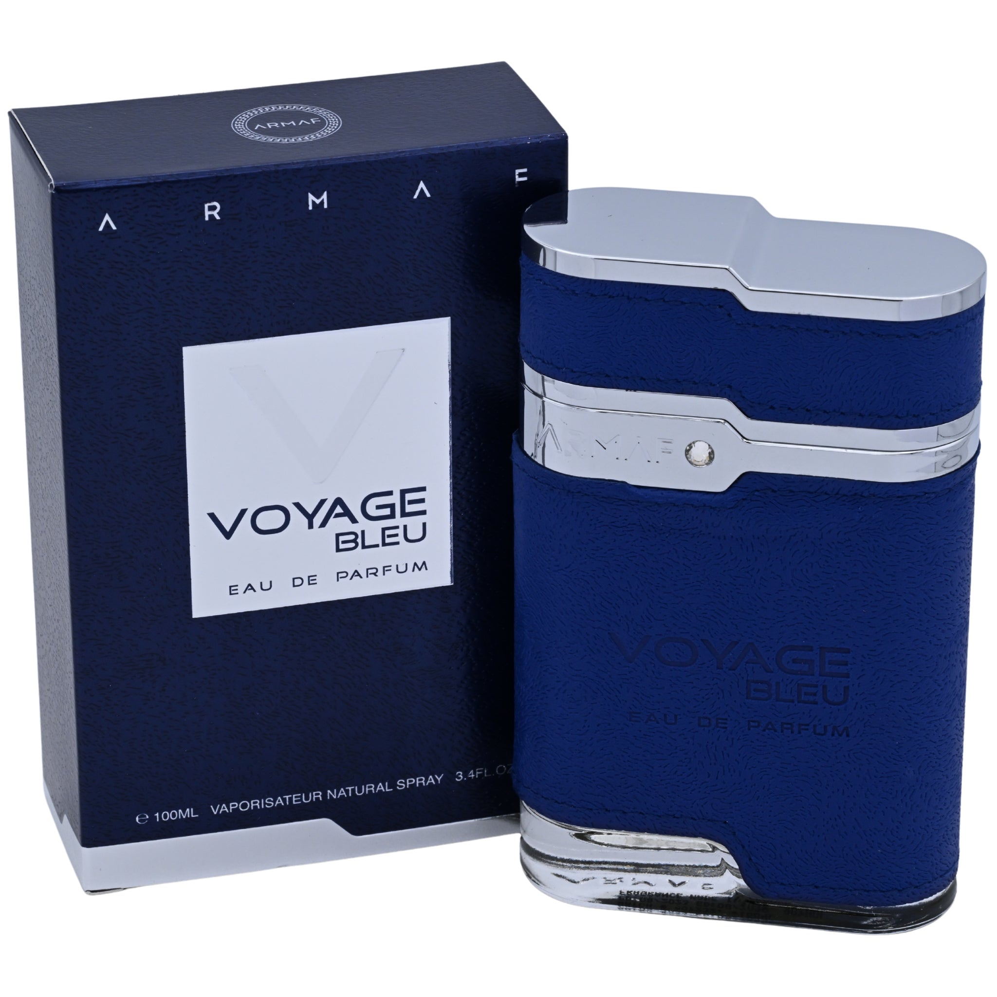 Blue perfume bottle with silver accents and matching box labeled 'Voyage Bleu' by Armaf on a white background.