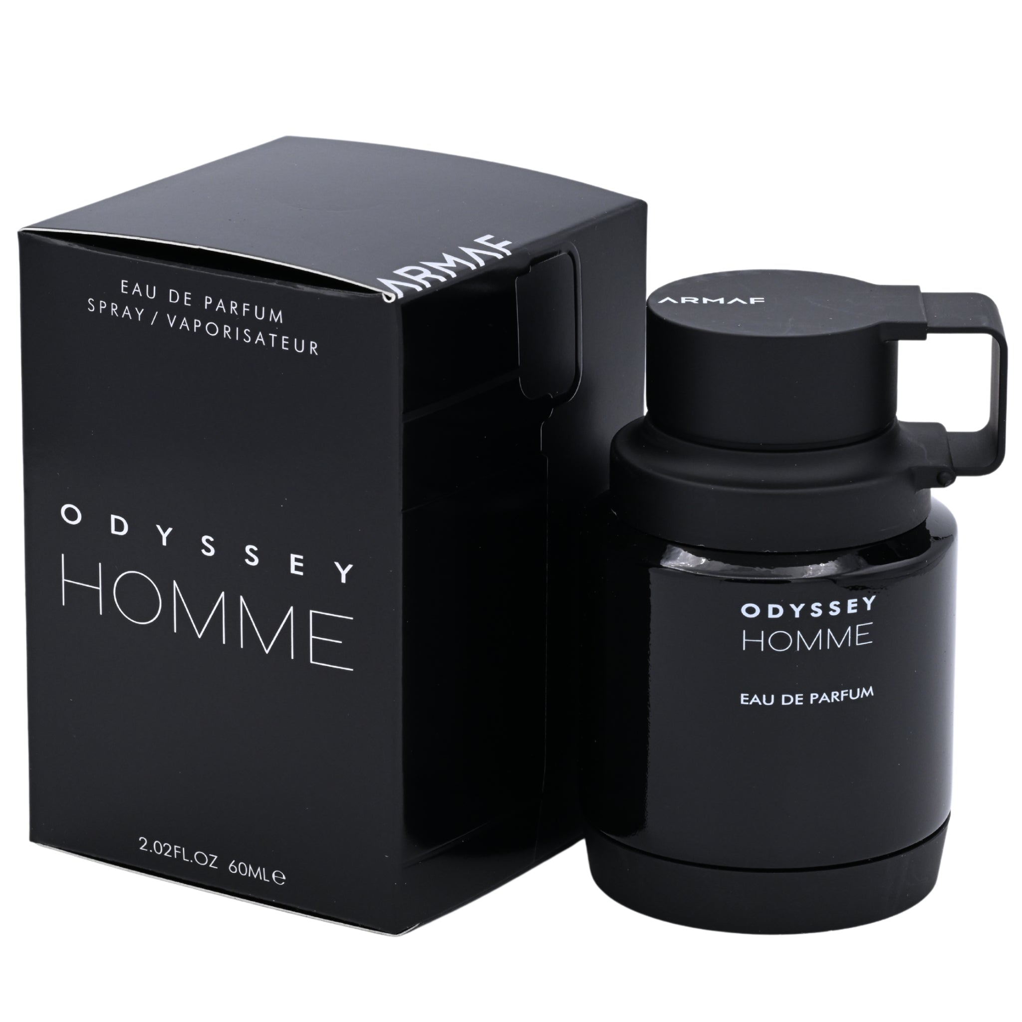 Black Armaf Odyssey Homme eau de parfum bottle and packaging on a white background