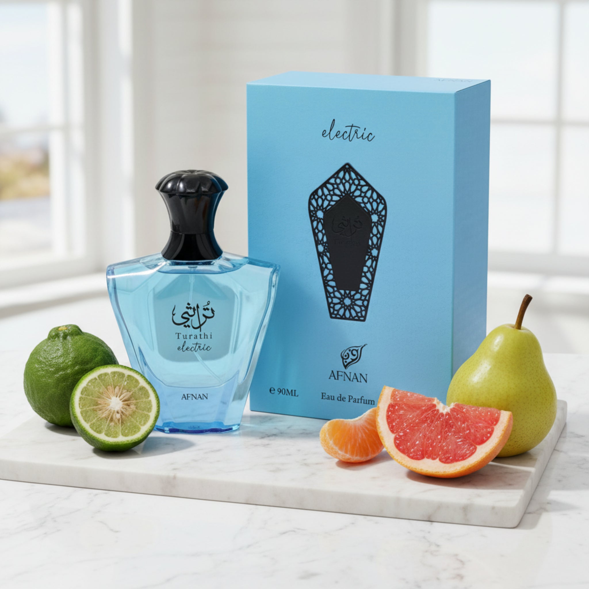 Afnan Turath electric perfume bottle and packaging on a white background