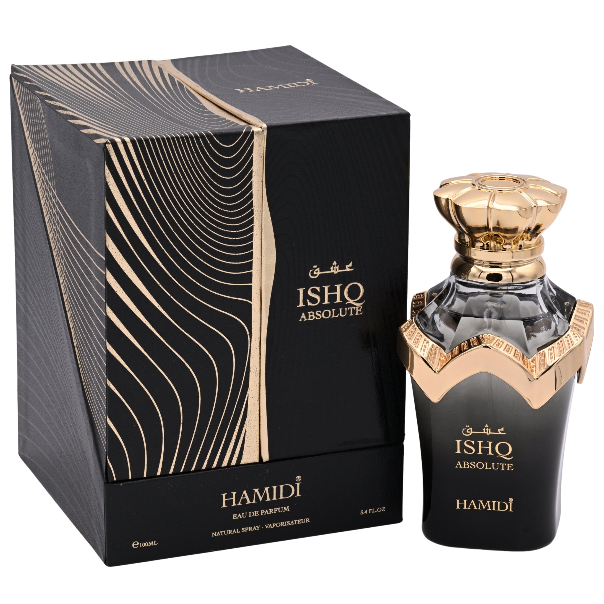 Hamidi Ishq Absolute perfume bottle and packaging on a white background