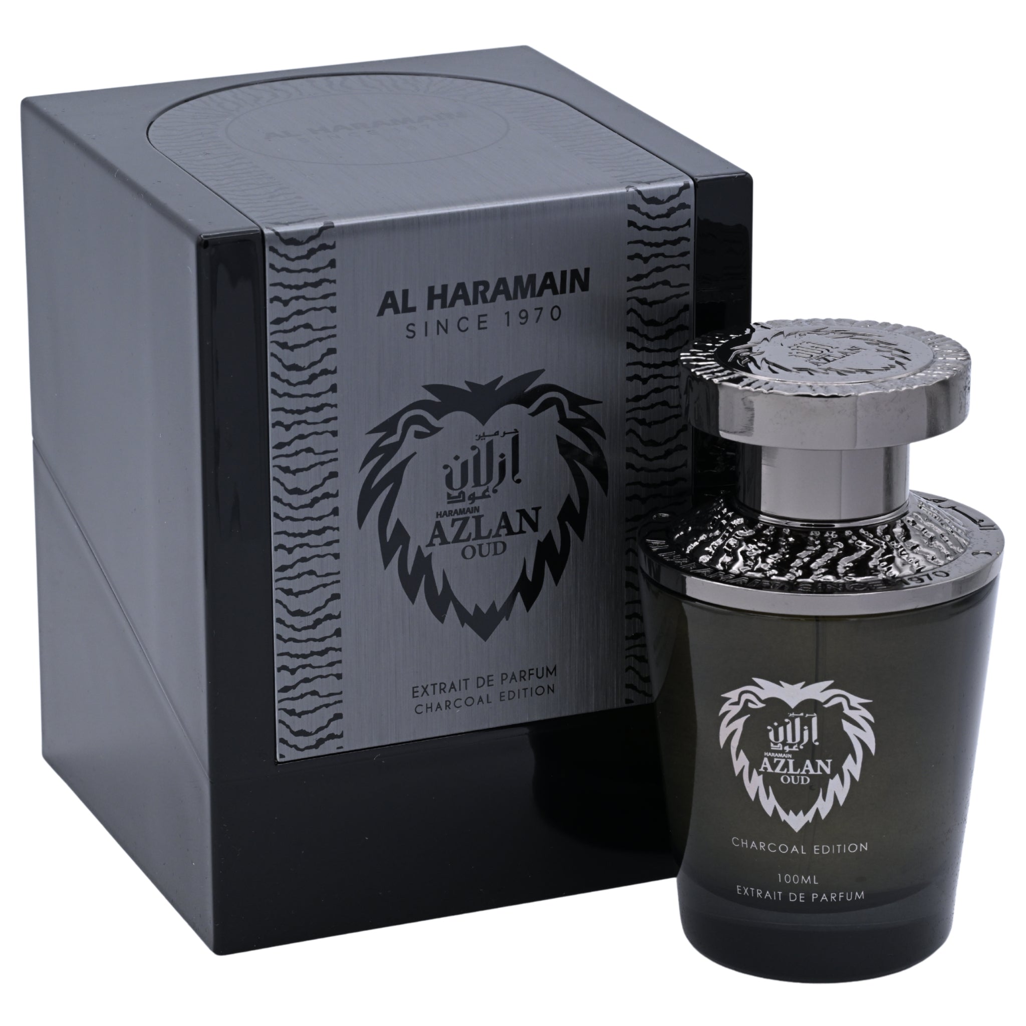 Al Haramain Azlan Oud perfume bottle and packaging on a white background