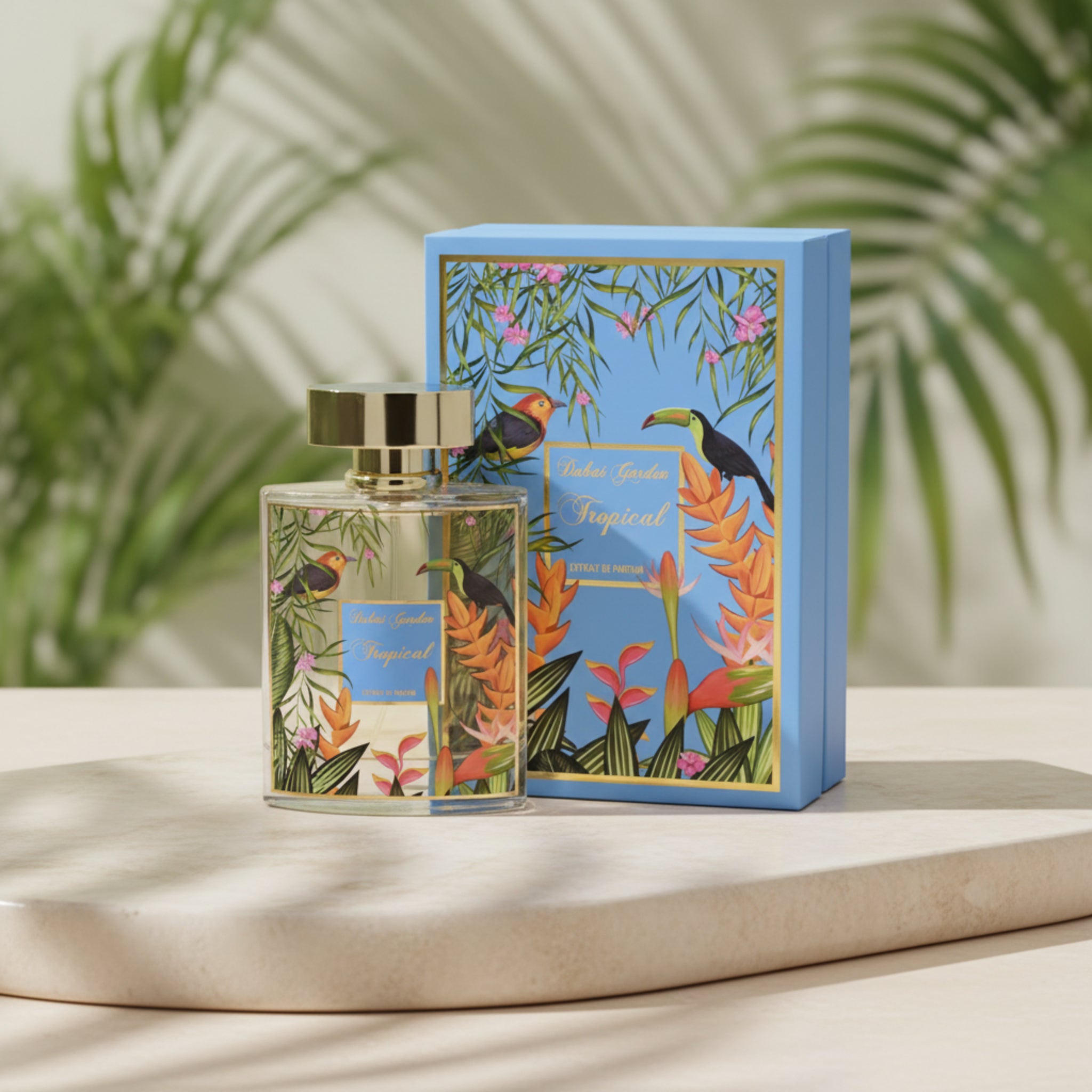 Perfume bottle and packaging with tropical design on a light surface with blurred green leaves in the background