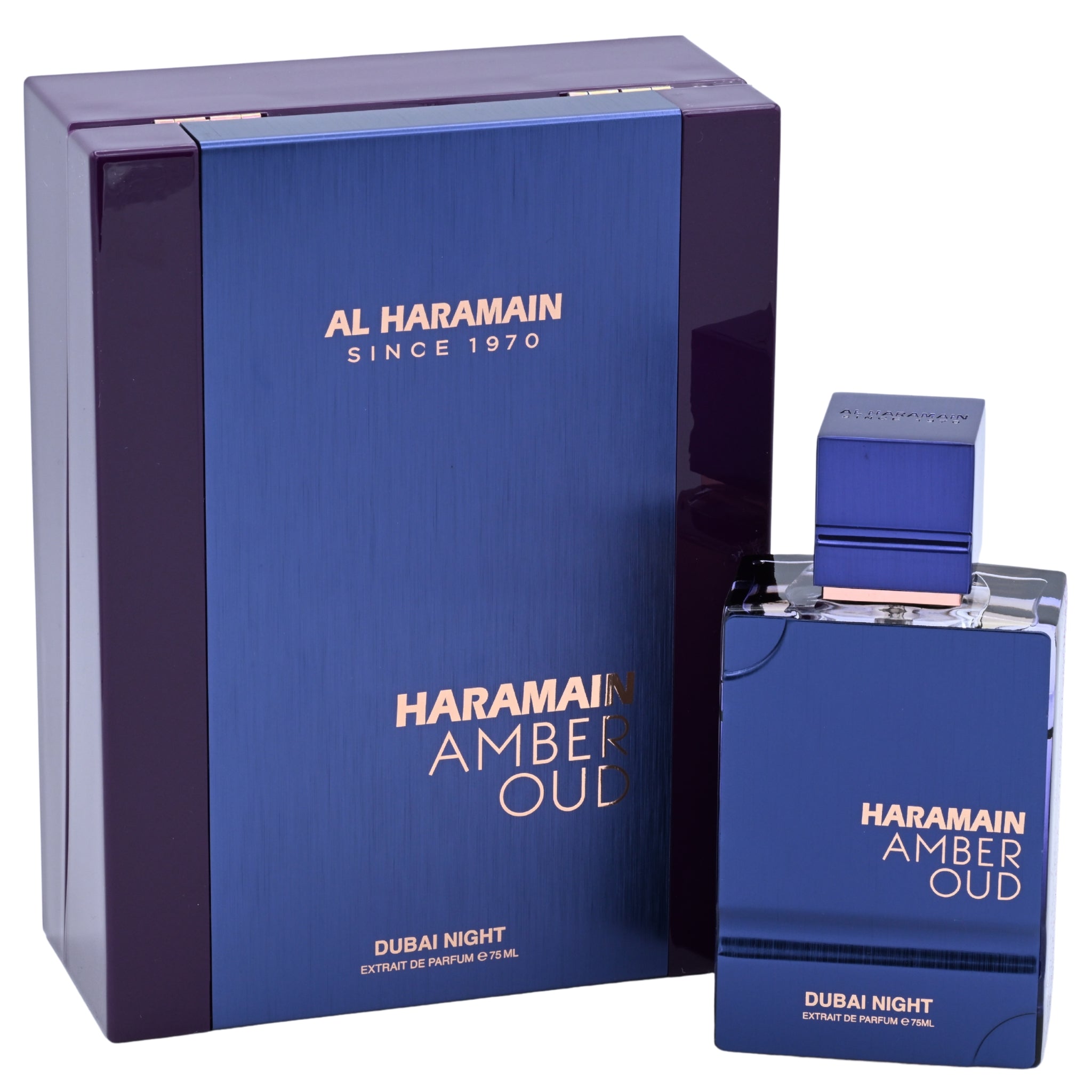 Haramain Amber Oud perfume bottle and packaging on a white background
