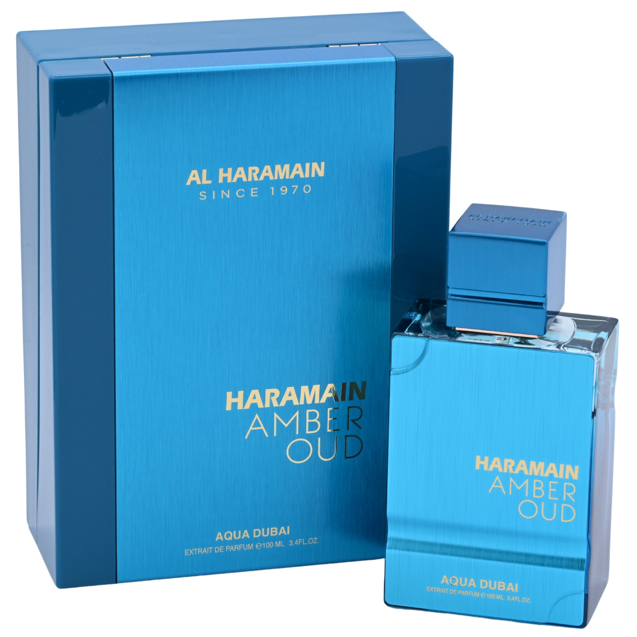 Blue Haramain Amber Oud perfume bottle and packaging on a white background