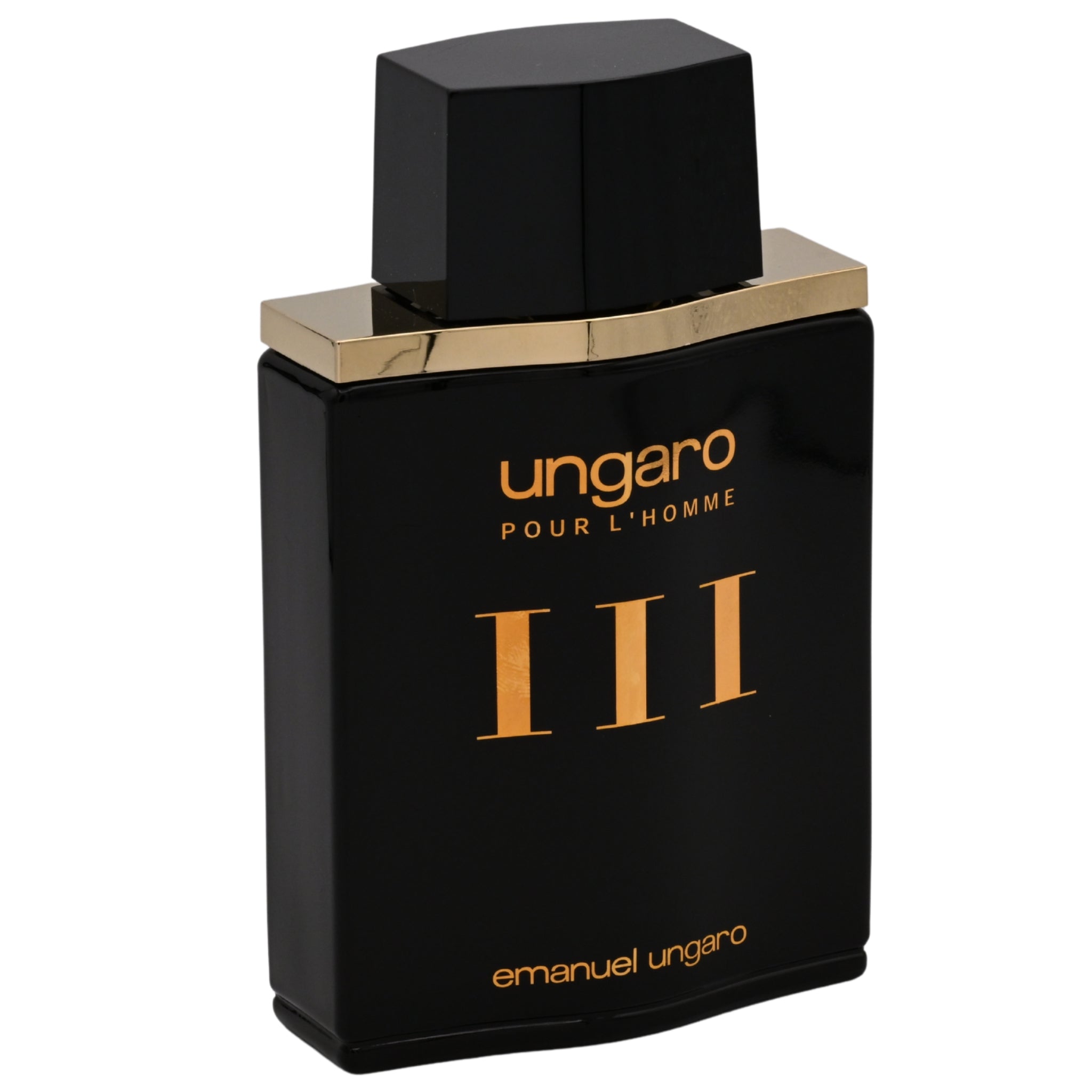 Black perfume bottle with gold accents featuring 'Ungaro Pour L'Homme III' on a white background.