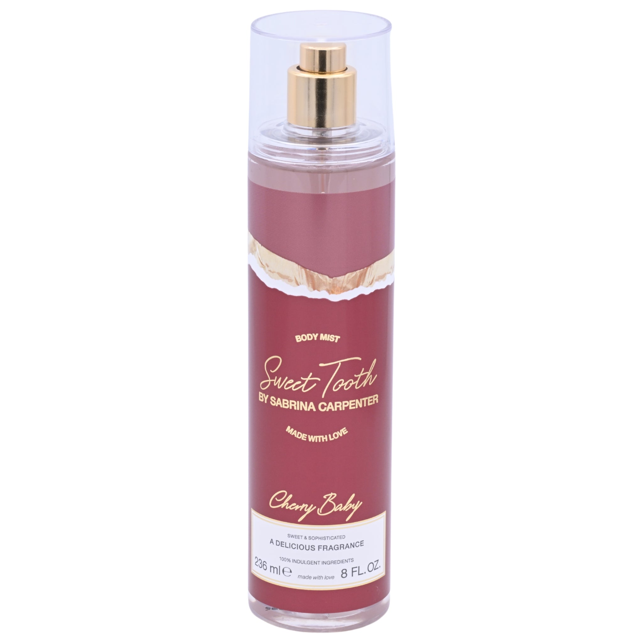 Body mist bottle labeled 'Sweet Tooth by Sabrina Carpenter' on a white background