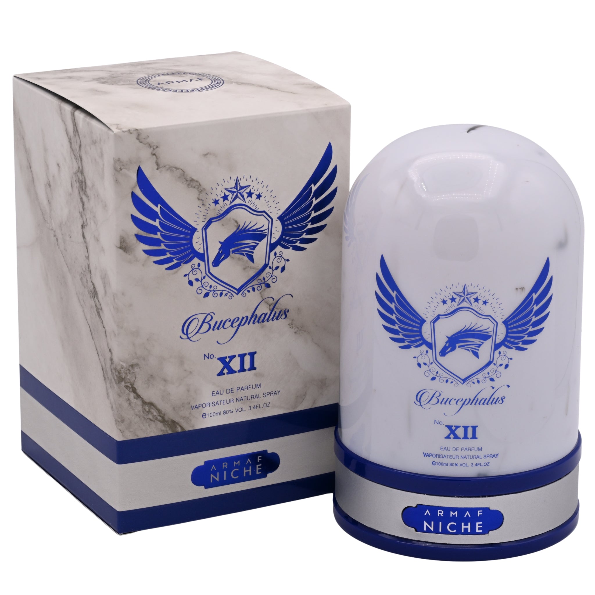 Armaf Niche perfume bottle and packaging with blue and white design.