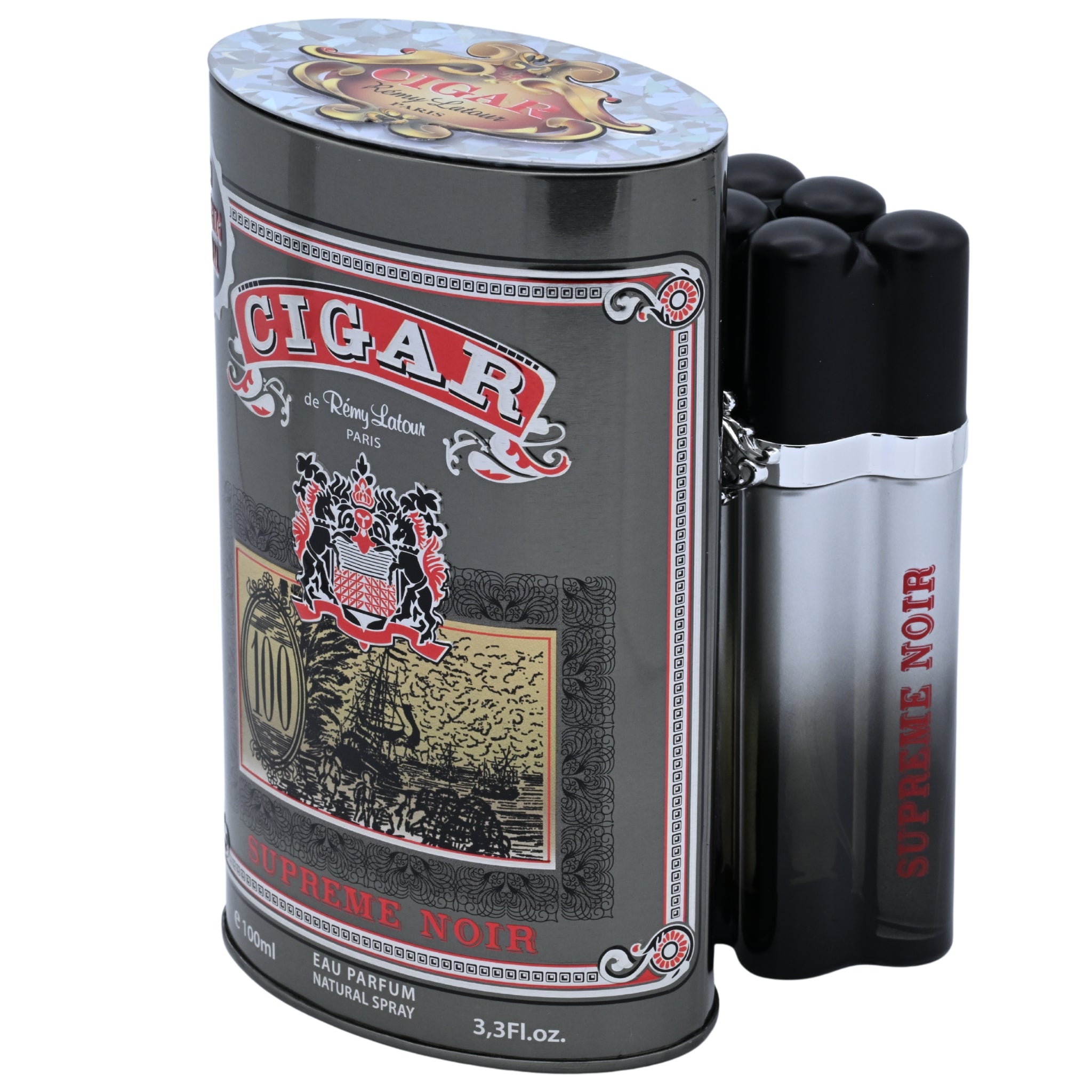 Cigar-themed perfume bottle and packaging on a white background