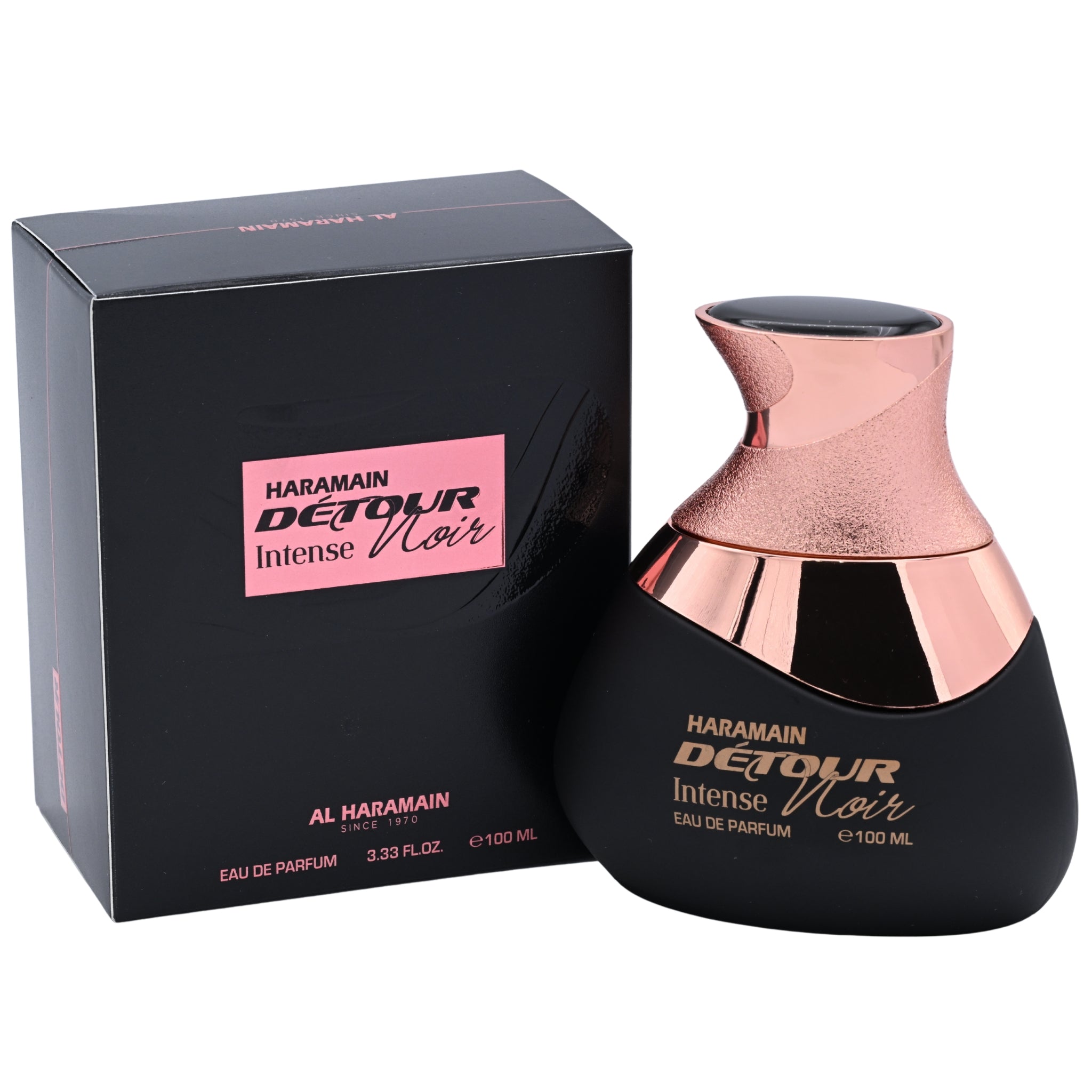 Haramain Detour Intense Noir perfume bottle and packaging on a white background