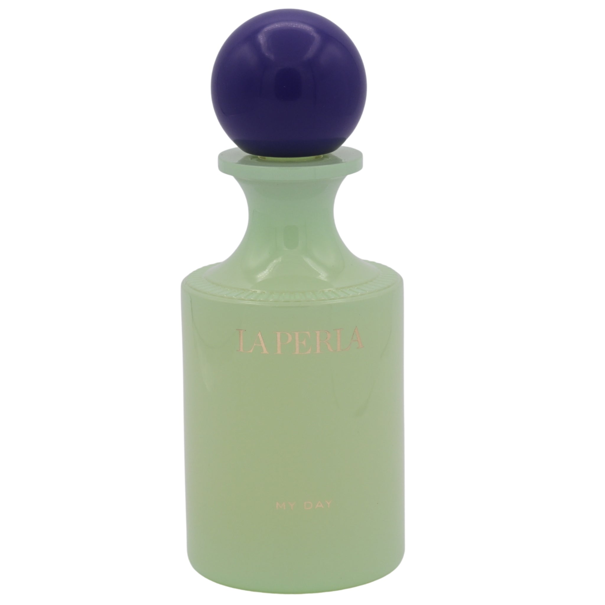 Green perfume bottle with purple cap on a white background