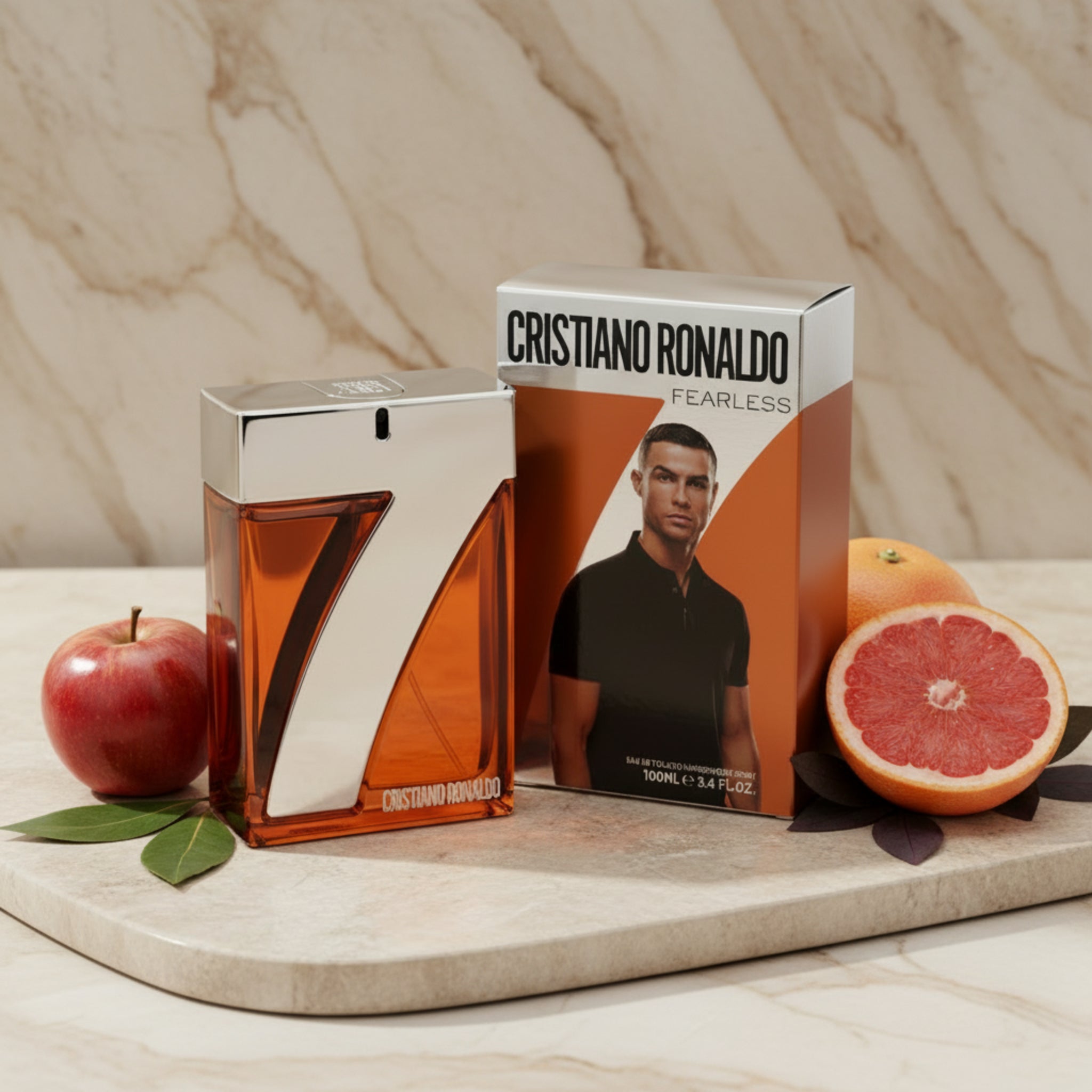 Cristiano Ronaldo perfume bottle and packaging on a white background
