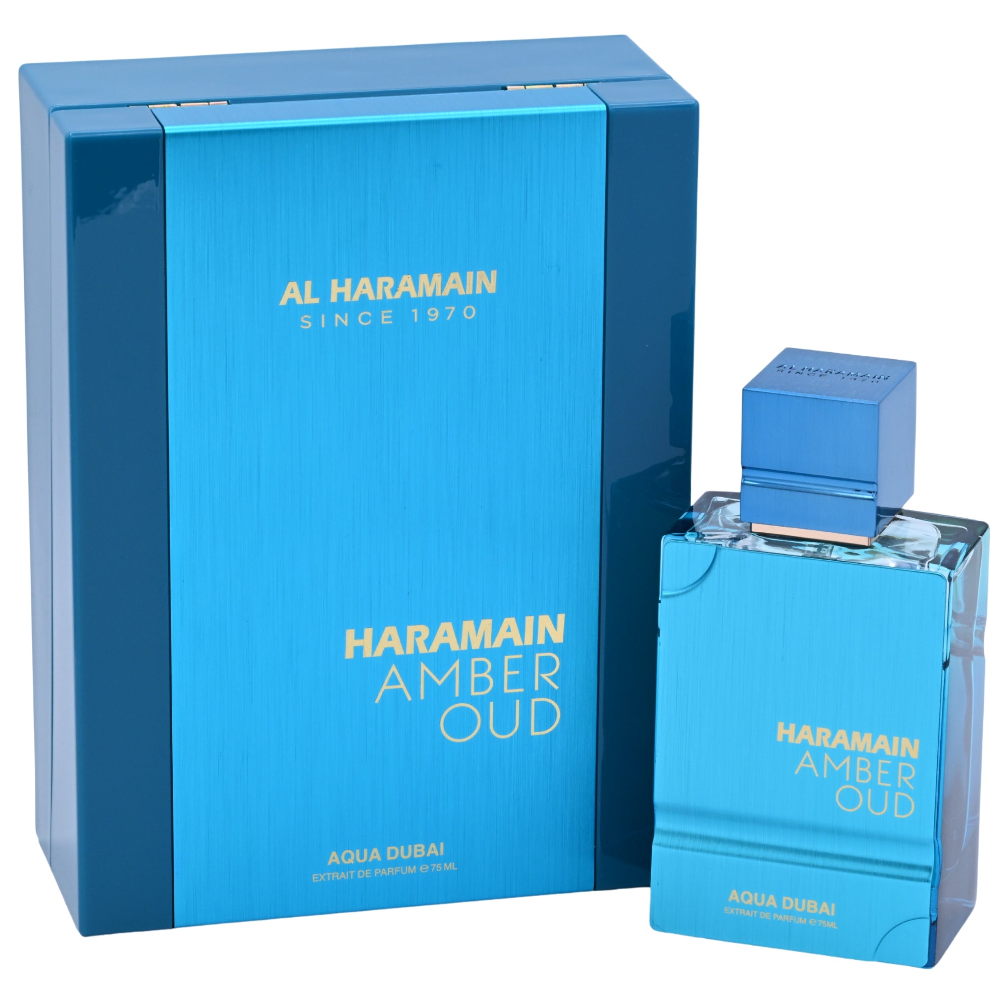 Haramain Amber Oud perfume bottle and packaging on a white background