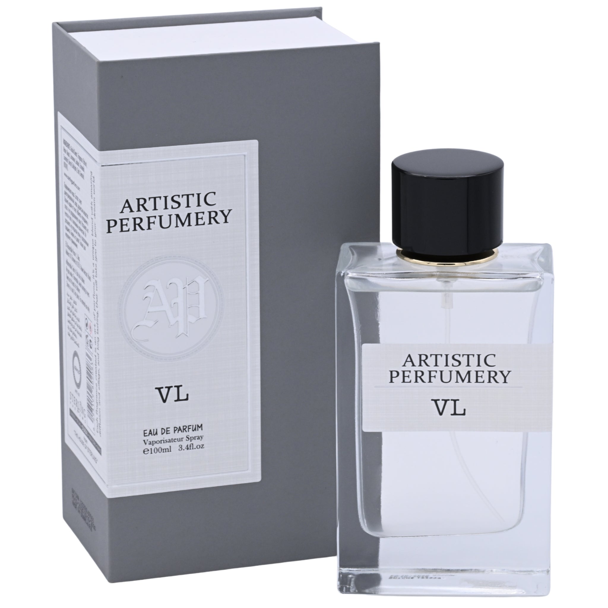 Perfume bottle and packaging with 'Artistic Perfumery VL' branding on a white background